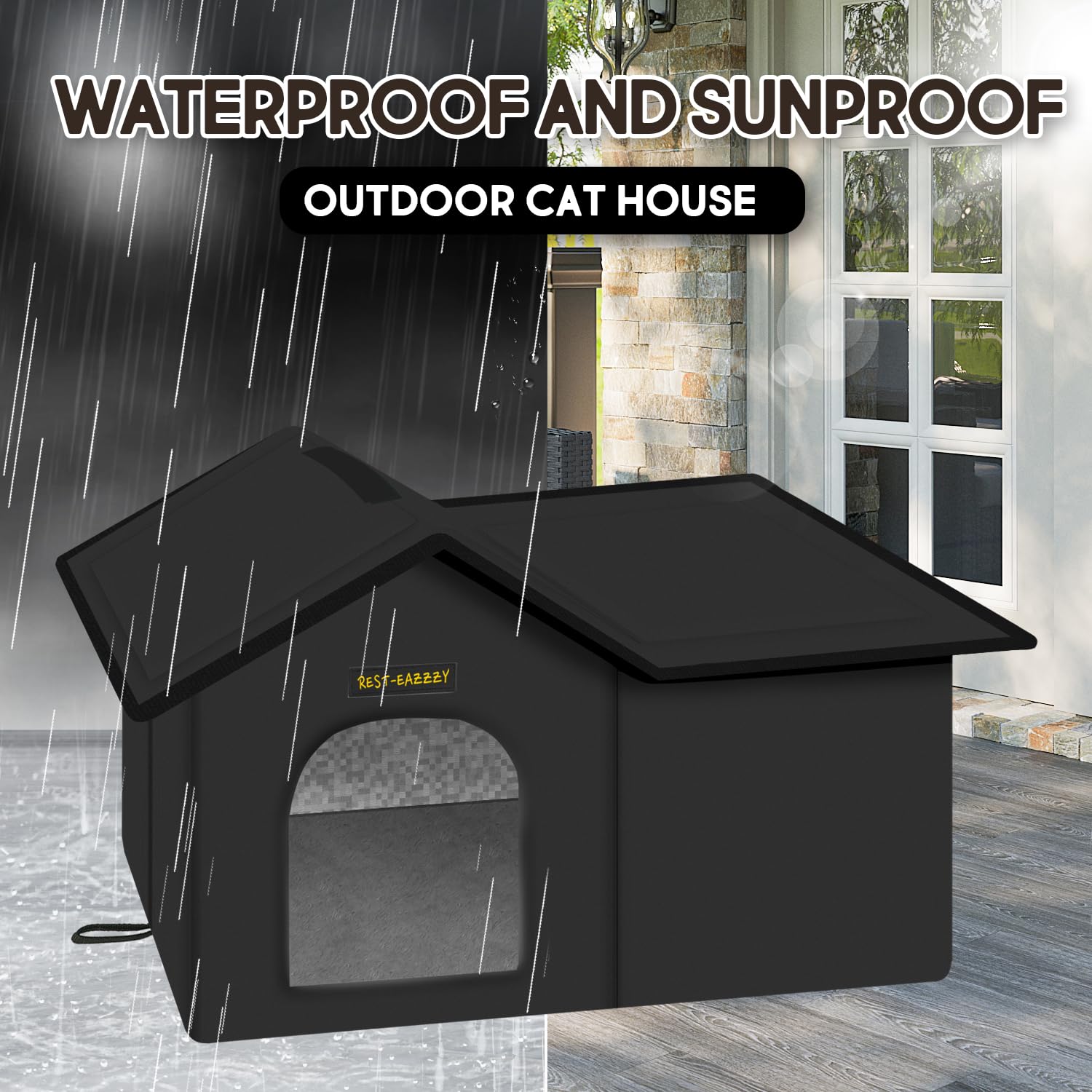 Rest-Eazzzy Cat House for Outdoor Cats, Weatherproof and Insulated Feral Cat House with Mat and Clip, Easy to Put Together, Self