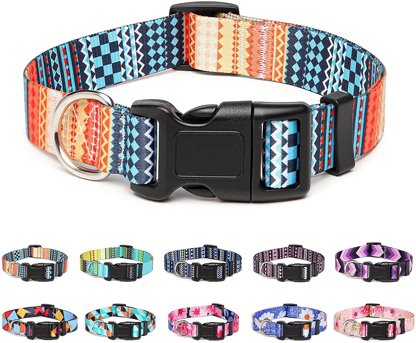 Qpets Nylon Bohemia Style Dog Collar With Patterns Adjustable 40-60Cm Soft Comfy Pet Collars Dog Belt For Small Medium Large 30-