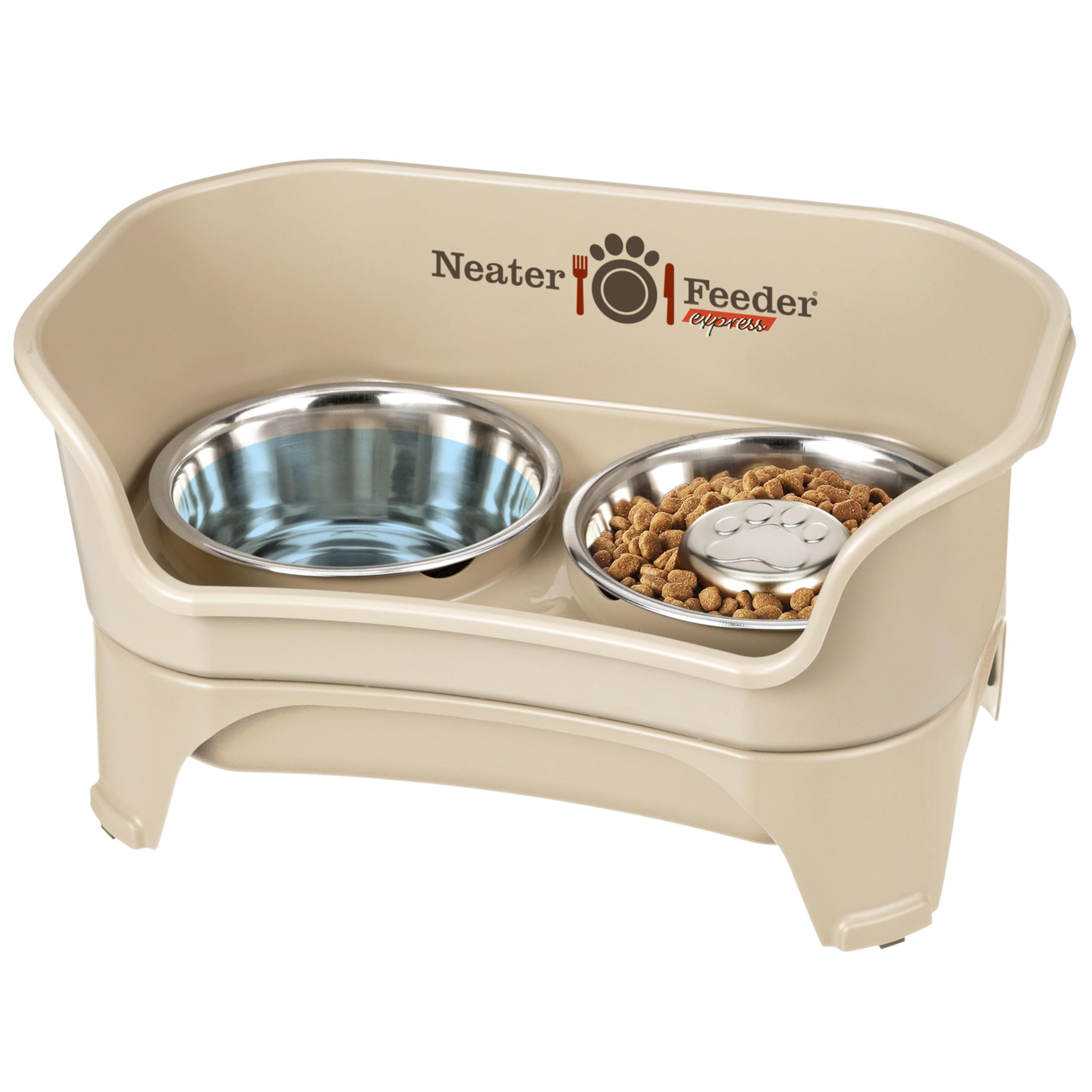 Neater Feeder - Express Model W/ Slow Feed Bowl - Mess-Proof Dog Bowls (M/L, Almond) Made In Usa - Elevated, No Spill, Non-Tip, 