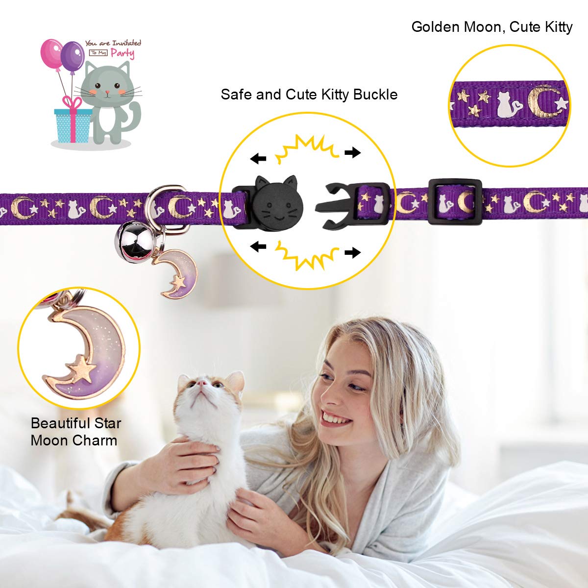 2Pcs Breakaway Cat Collars With Bell Cute Kitty Glow In The Dark Adjustable Kitten Collars 7.9-13.0 Inch(Purple&Pink)