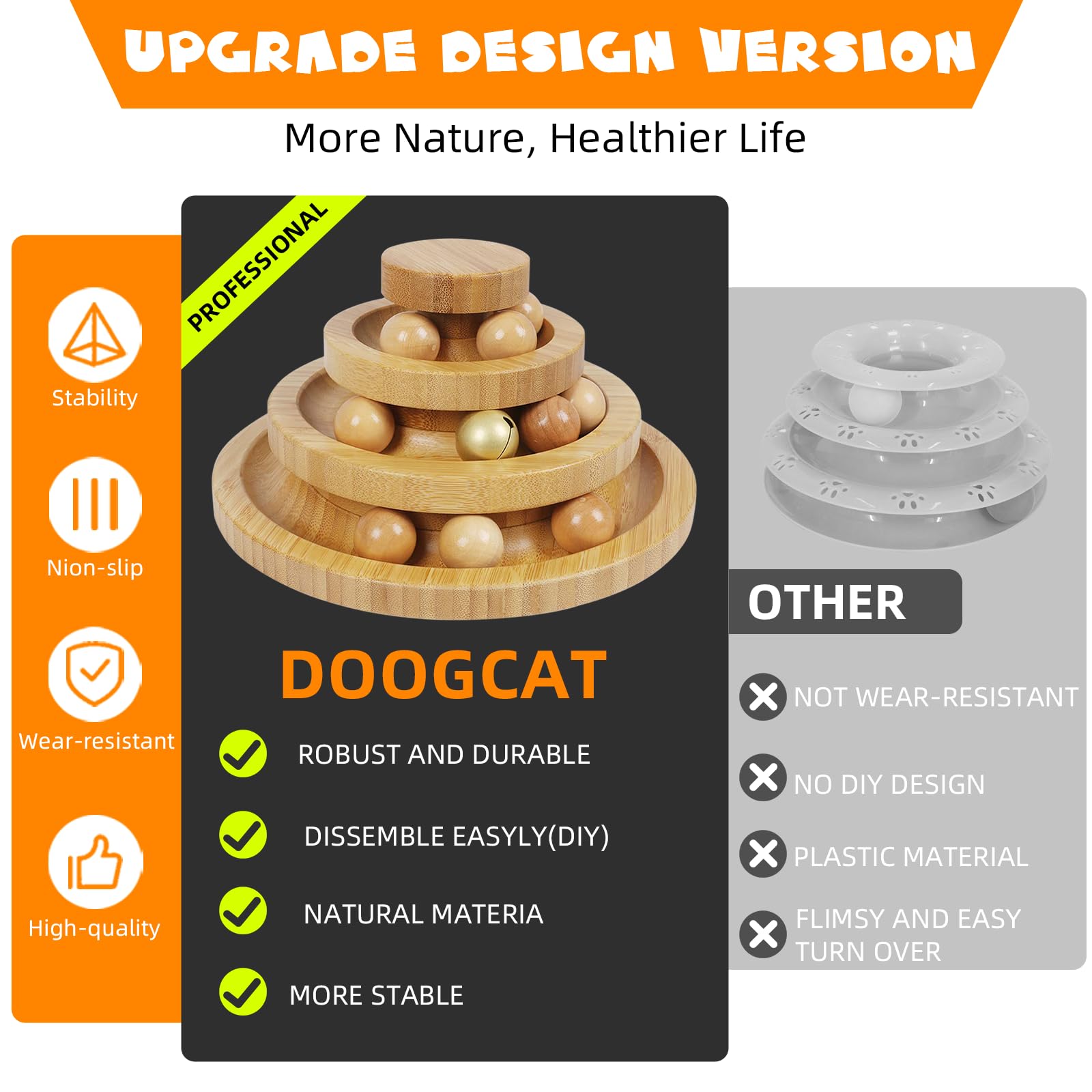 Doogcat Cat Ball Track - 3-Level Cat Ball Tower With 9 Removable Balls For Interactive Play And Mental, Physical Exercise - Larg