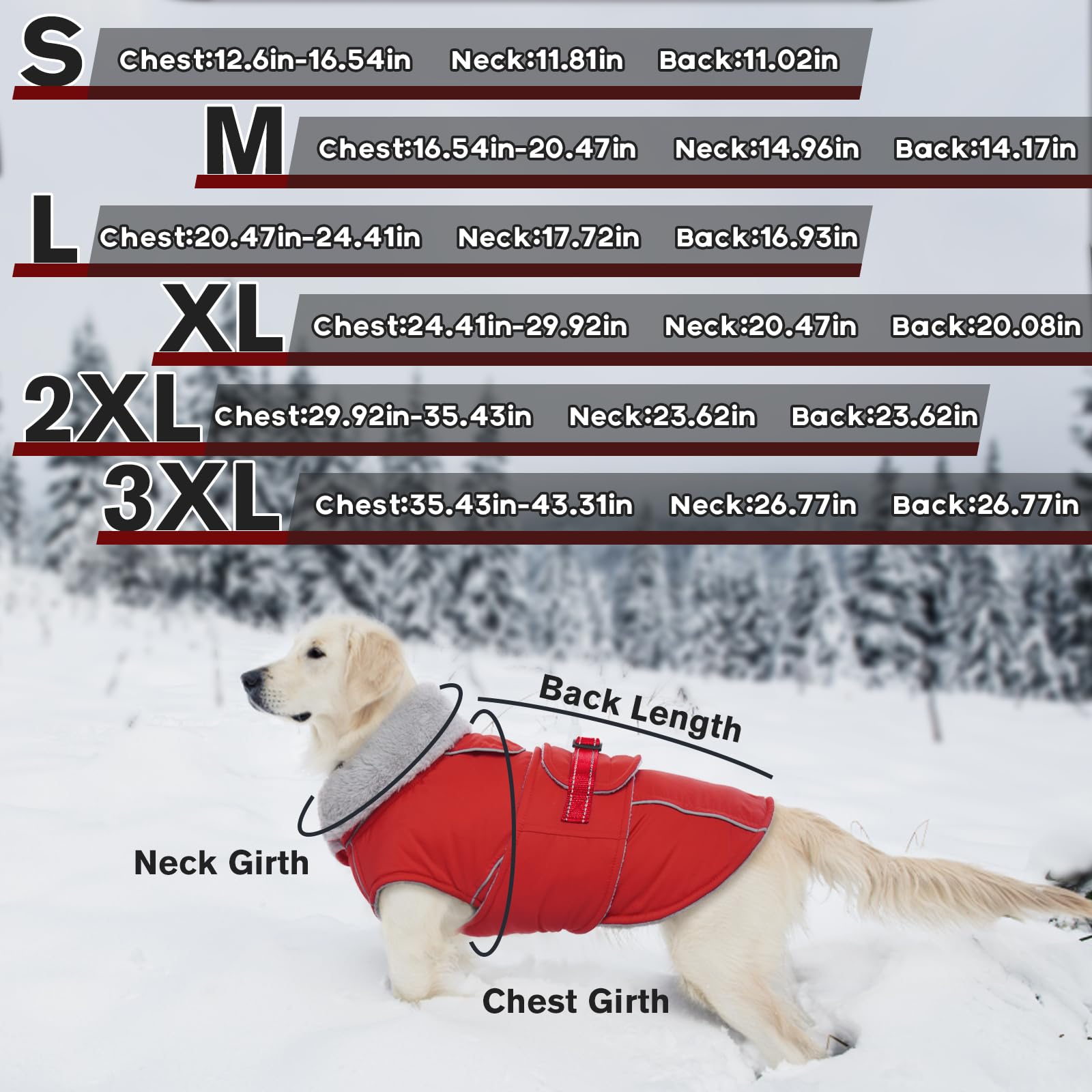 LeLePet Warm Dog Coat - Reflective Fleece Vest, Waterproof, Windproof, Size M, Red