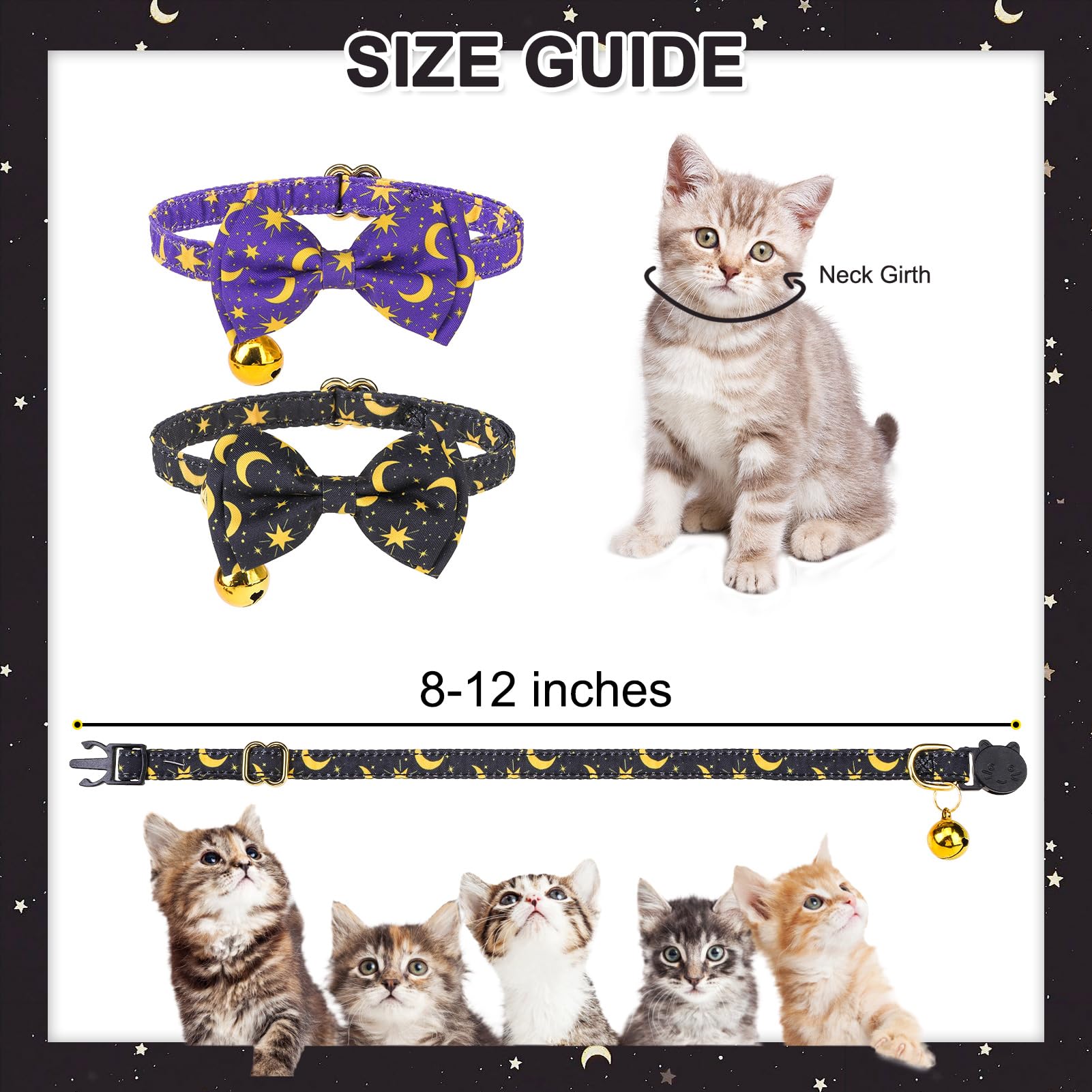 Expawlorer Breakaway Cat Collar With Bells- 2Pcs Adjustable With Bowtie For Girl Boy Kitten, Moon And Stars Pet Collar With Safe