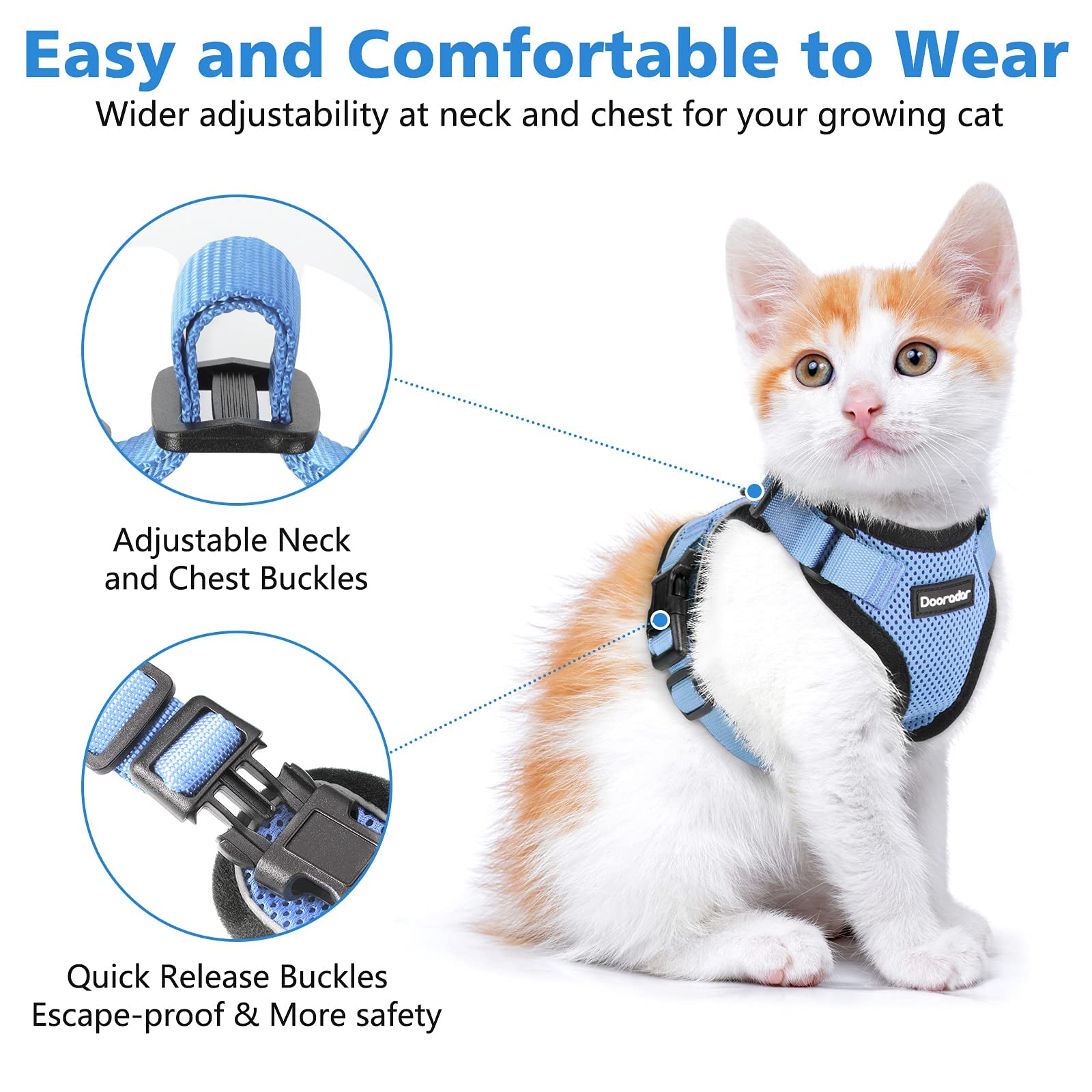 Dooradar Cat Harness And Leash Set, Escape Proof Safe Adjustable Kitten Vest Harnesses For Walking, Easy Control Soft Breathable Mesh Jacket With Reflective Strips For Cats,Light Blue, Xs