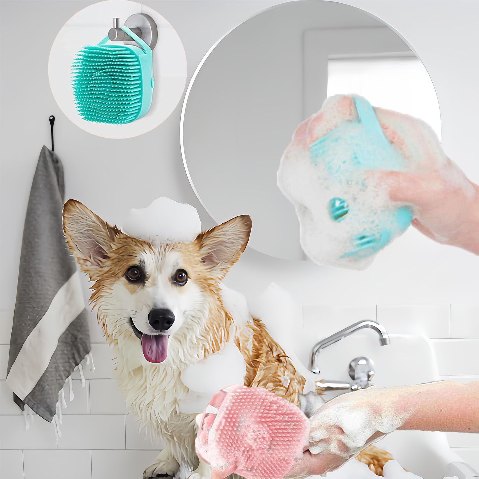 Hfpengzan 2Pcs Pet Bath Scrubber Brush, Dog Grooming Massage Shampoo Bath Brush With Soap And Shampoo Dispenser Soft Silicone Br
