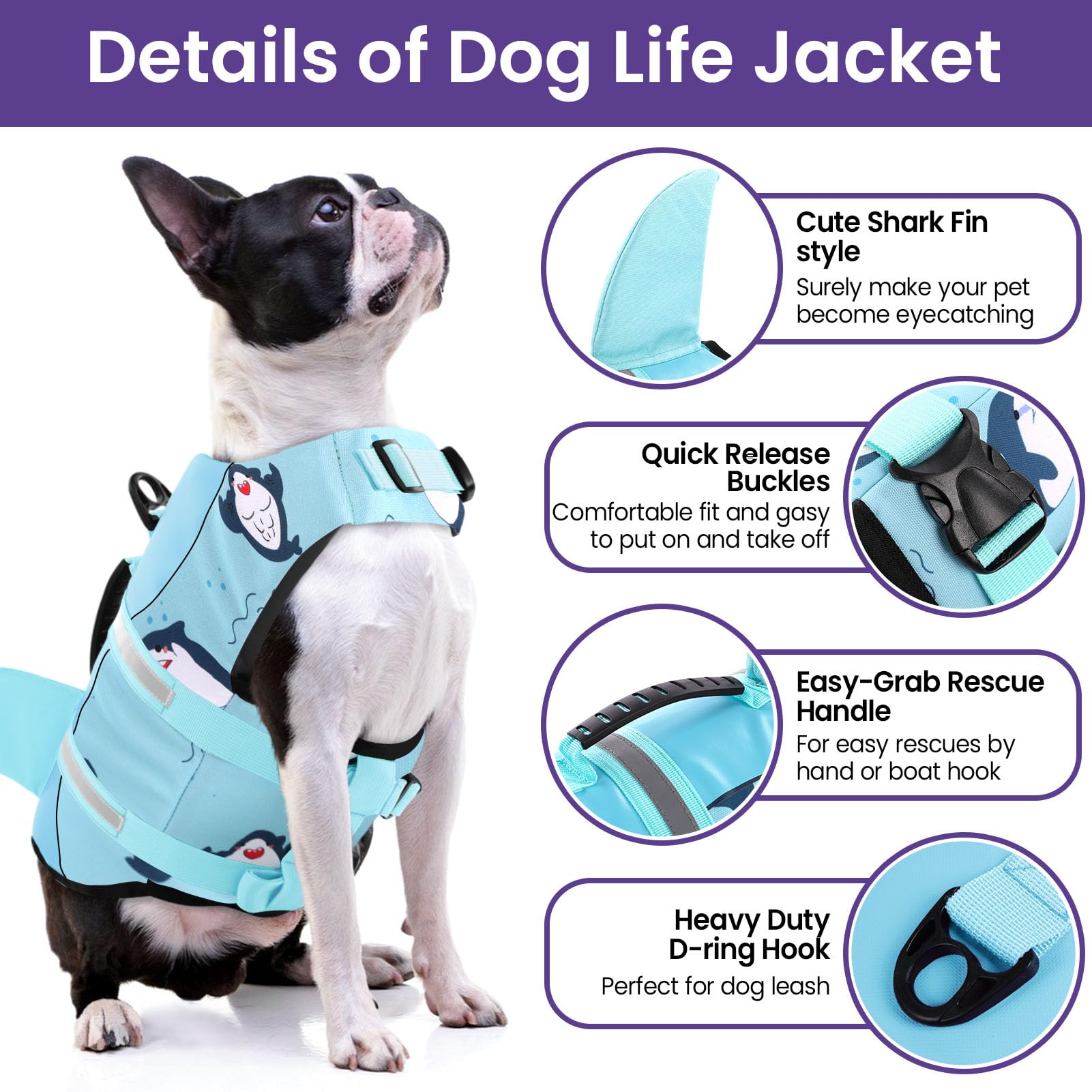 Dog Life Jacket, Large Dog Life Vest for Swimming Boating, Shark Life Jackets for Small Medium Large Dogs, Reflective Dog Lifesa