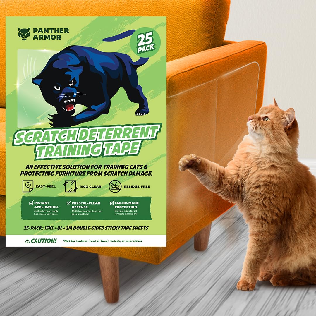 Panther Armor 25-Pack Anti Cat Scratch Deterrent & Training Tape - Sticky Cat Tapes For Furniture - Couch Protector