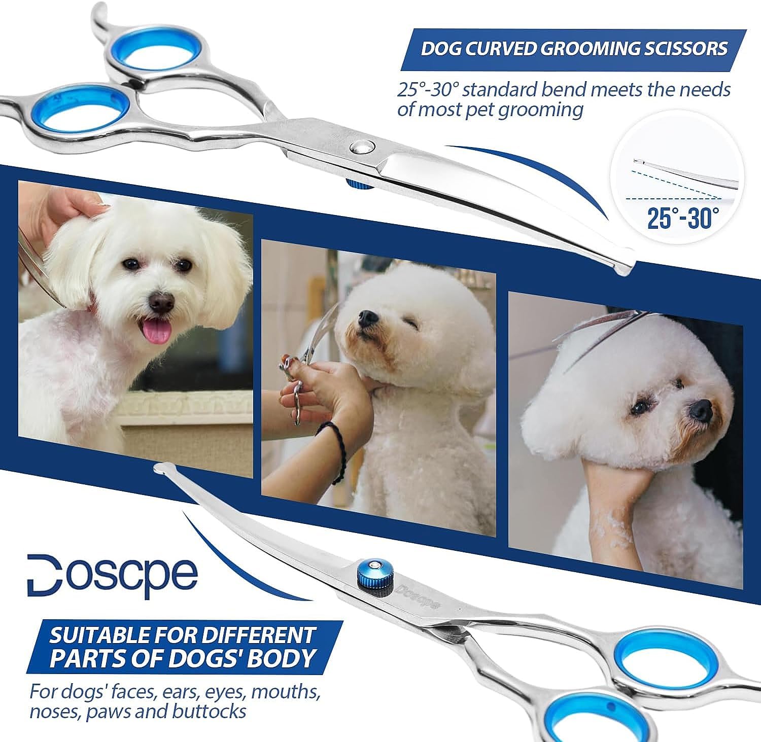 Doscpe Curved Dog Grooming Scissors 7.28 Inches Round Tips Pet Grooming Shears For Dog Cat On Face Paw Hair Trimming Right Left