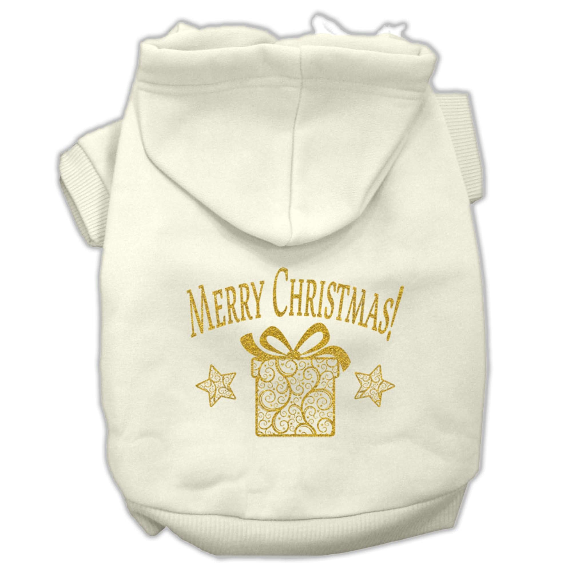 Christmas Pet Dog & Cat Hoodie Screen Printed, 'Golden Christmas Present' Cream Xs (0-3 Lbs.)