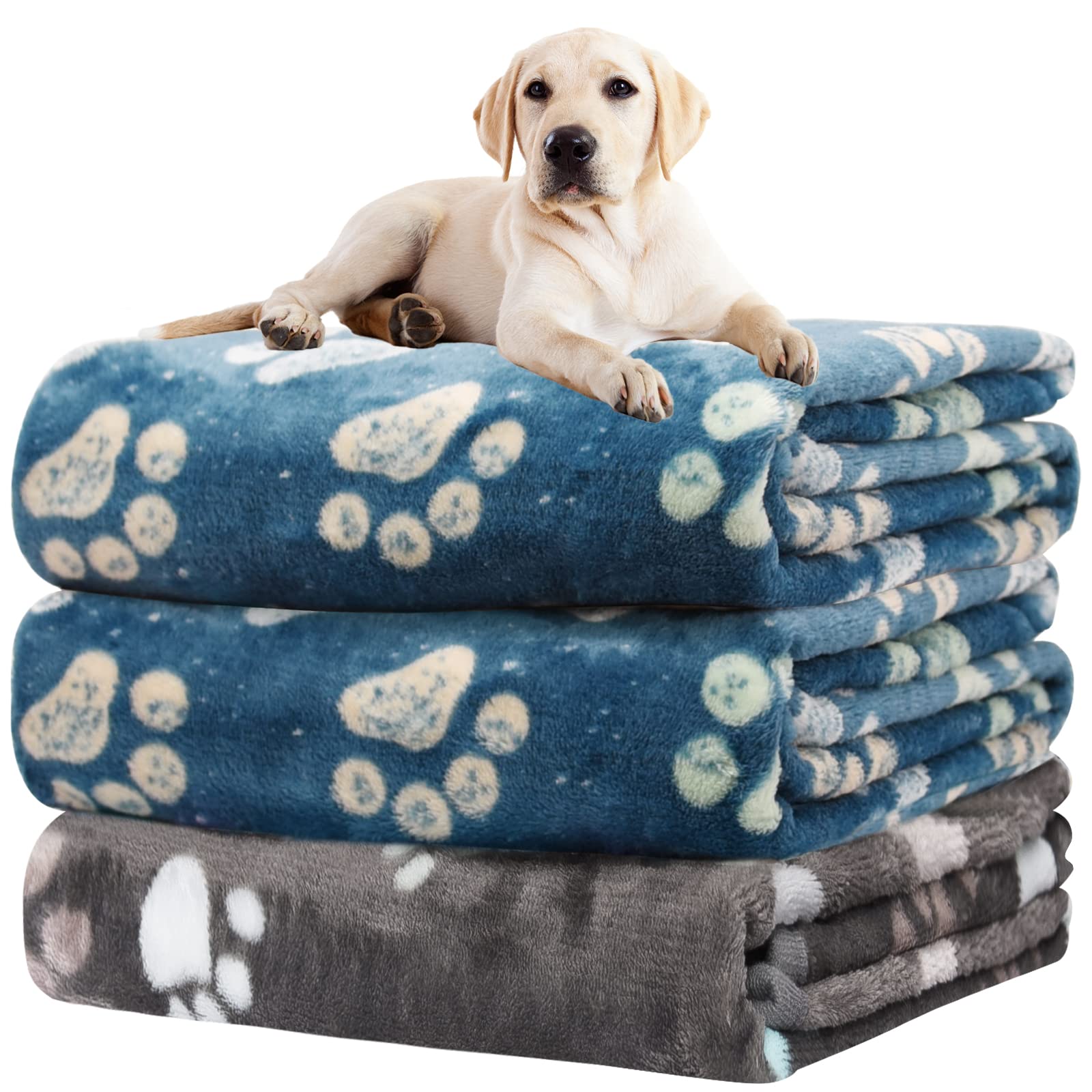 1 Pack 3 Dog Blankets, Super Soft Fluffy Premium Fleece Pet Blanket Flannel Throw For Large, Medium Dogs & Puppies, Blue & Gray,