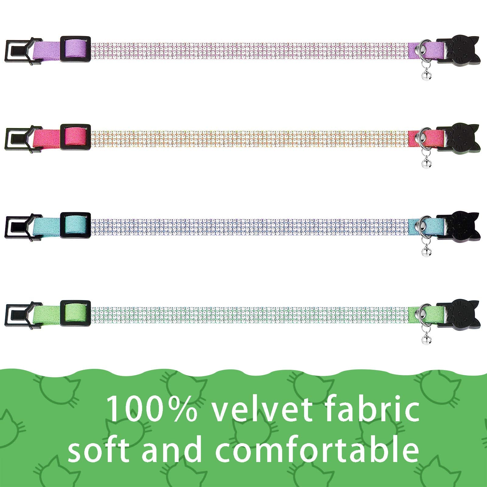 Weewooday 4 Pieces Rhinestones Cat Collars Breakaway Cat Collar With Bell Bling Pet Accessories With Soft Velvet, 4 Colors(Xs,Light Green, Light Blue, Light Purple, Rose Red)
