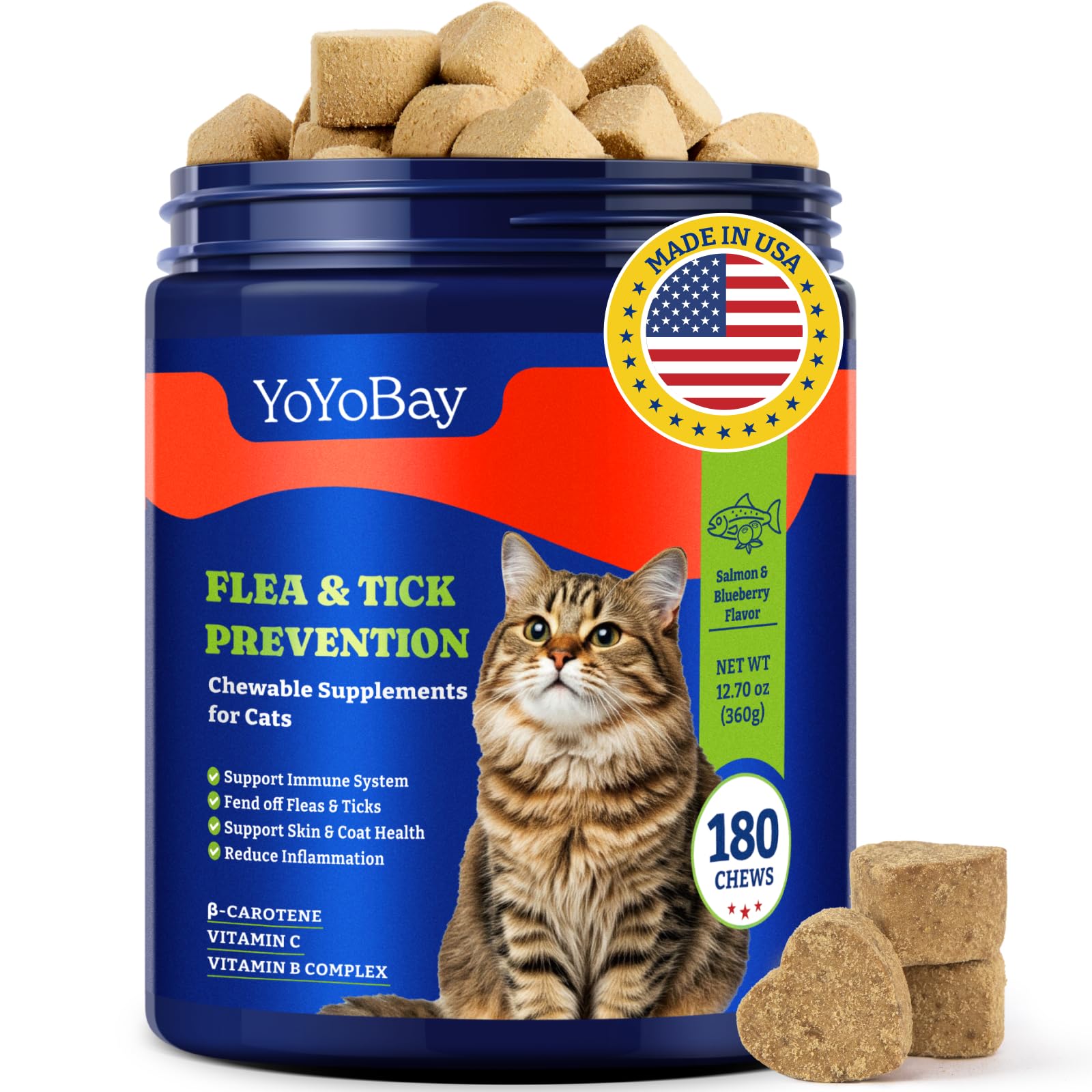 YoYoBay Flea Treatment for Cats - Salmon & Blueberry Flavor Cat Flea Treatment Chewable, Natural Flea and Tick Prevention for Ca