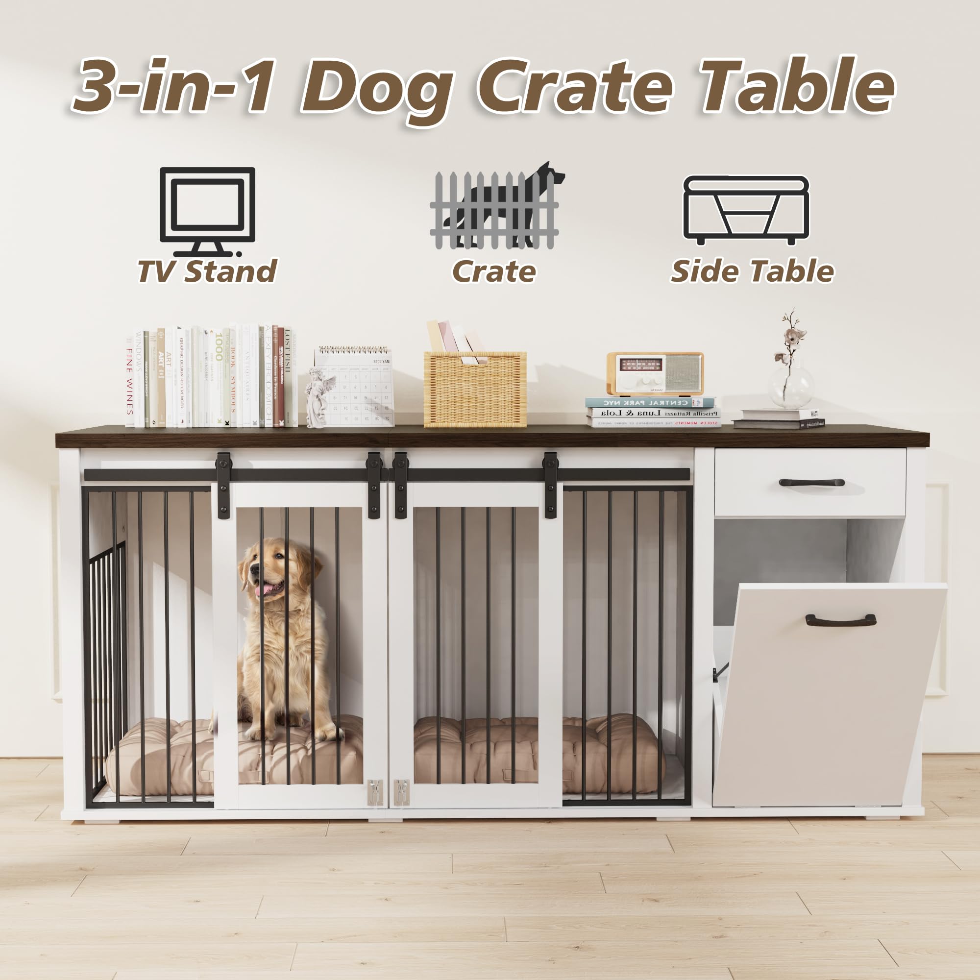 KIGOTY Furniture Style Dog Crate with Storage, 71 Inch Double Dog Crate for 2 Dogs, Wooden Large Dog Kennel with Drawers,Tilt Ou