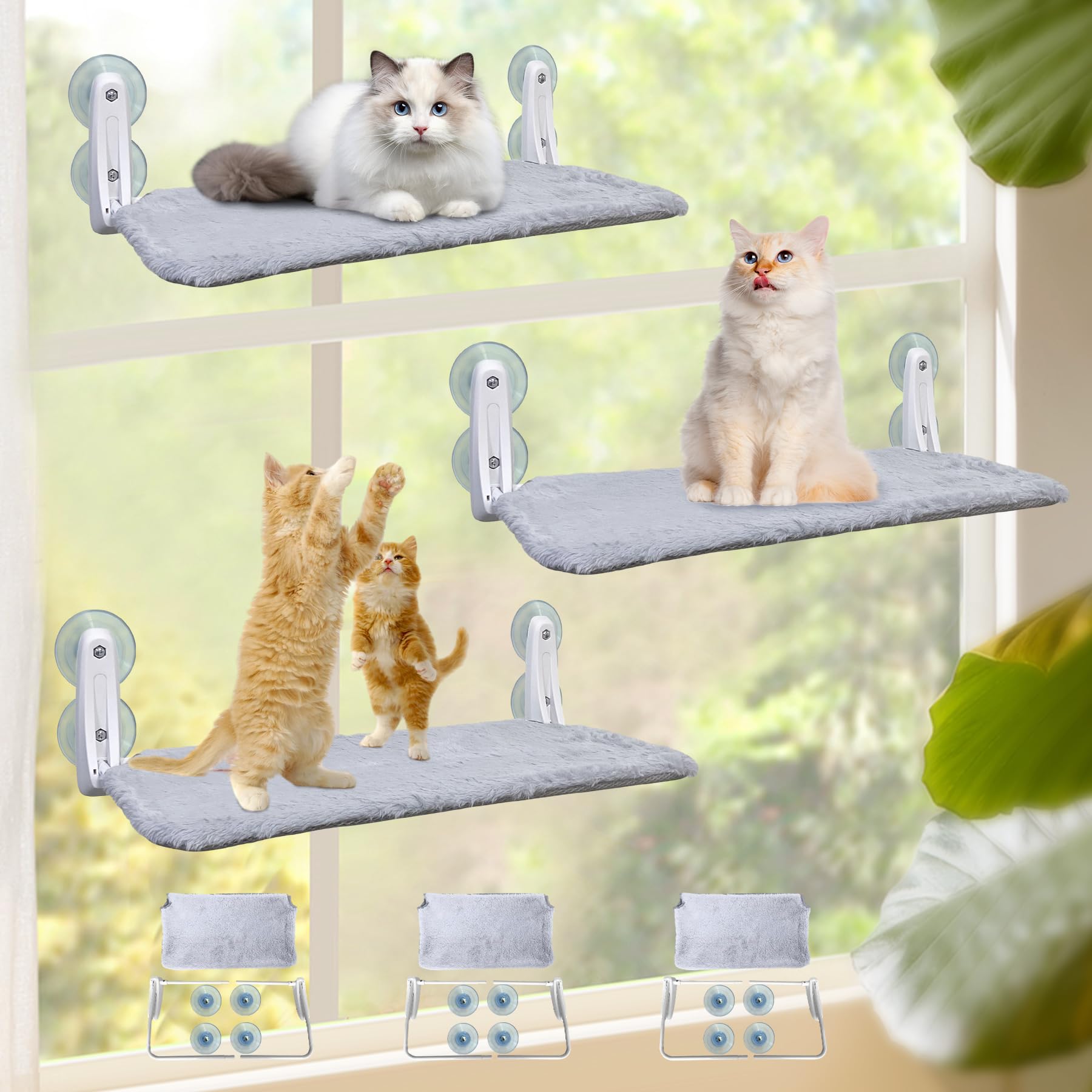 L&W Bros. 3Pc Foldable Cat Window Perch Hammock With 4 Suction Cups Easy To Assemble 20.5''X 11.2'' For Large Heavy Cats Indoor 