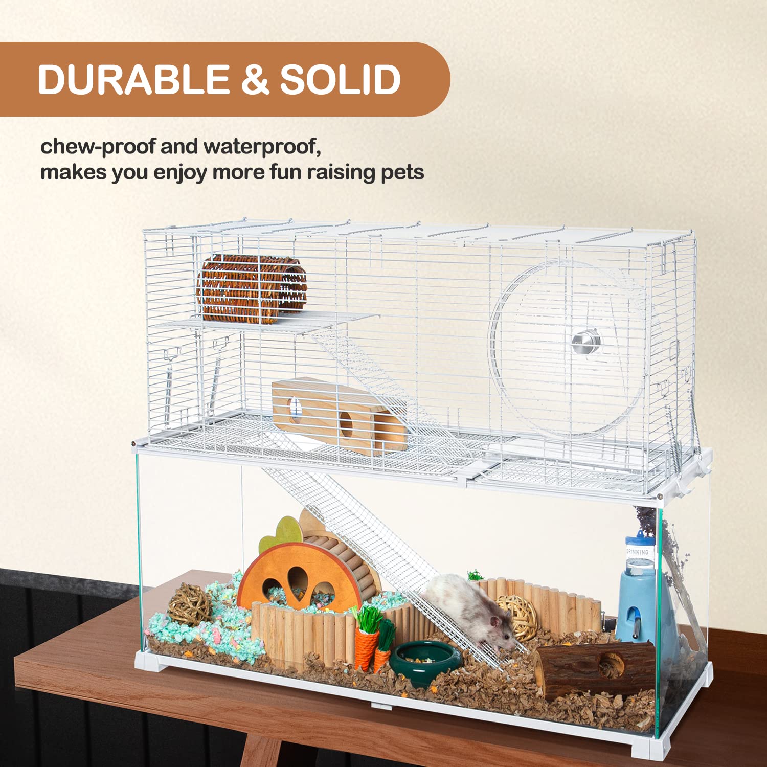 Oiibo 3 Tiers Large Hamster Cages, Glass Hamster Cage Habitat With Openable Wire Topper, Gerbil Cage With Two Ladders Ramps And