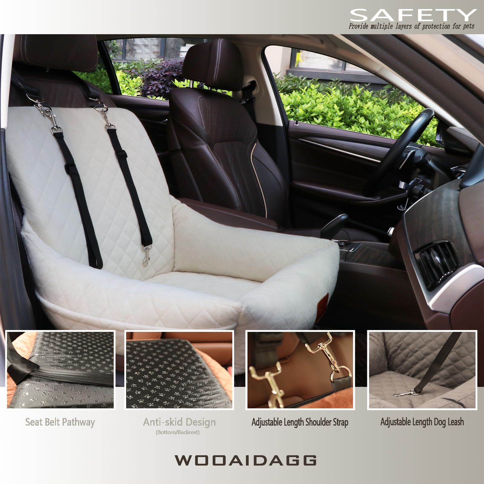 WOOAIDAGG Dog Car Seat for Small Dogs,Ultra-Soft Fabric,2 Storage Pockets & Safety Leash,Adjustable Straps,Easy to Install,Fully