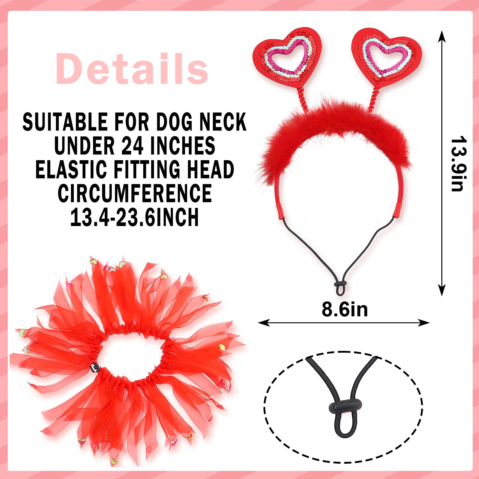 Dog Day Outfit, Red Glitter Heart Dog Headband And Tutu Collar Costume Set, Valentines Party Accessories For Small Medium Large