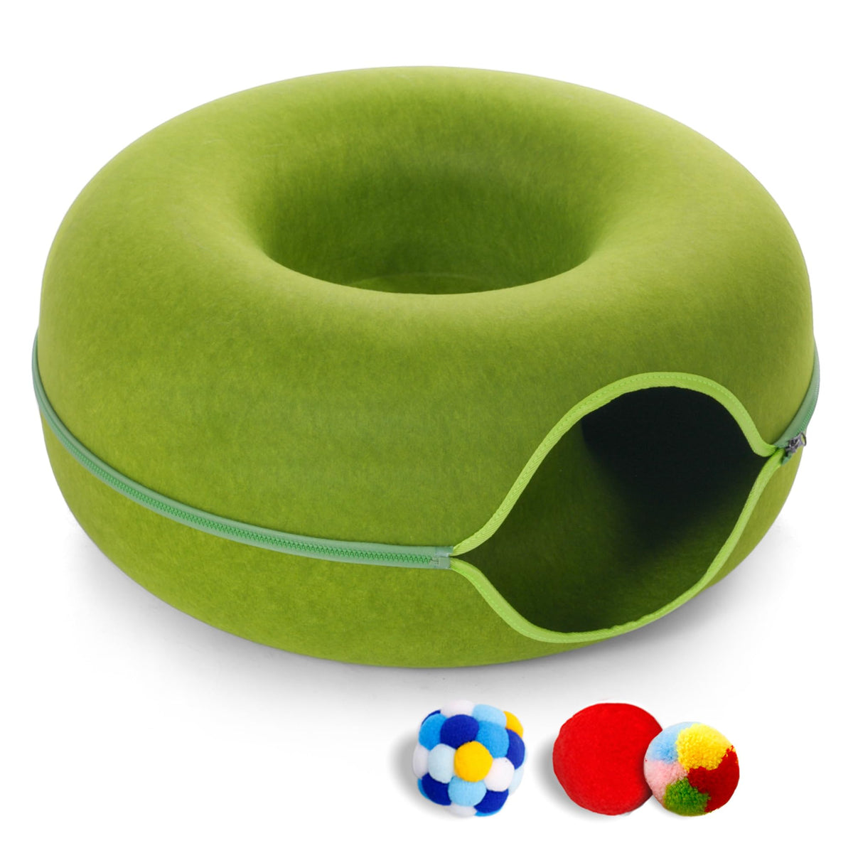 Large Cat Tunnel Bed For Indoor Cats With 3 Toys, Scratch Resistant Donut Cat Bed, Up To 30 Lbs (L 24X24X11, Green)