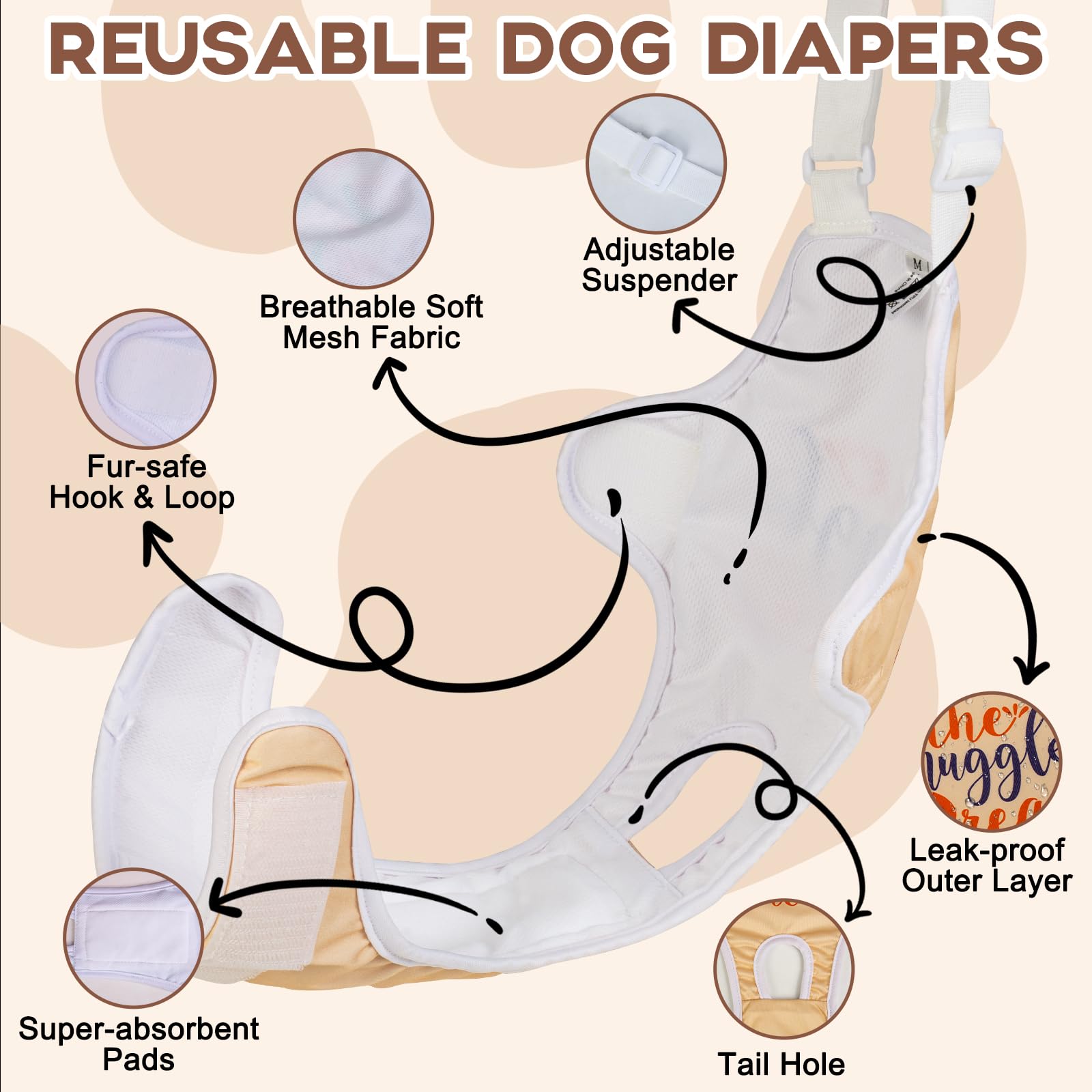 Docuwee 3 Pack Washable Dog Diapers Female Sanitary Panties With Adjustable Suspender, Reusable Puppy Period Panties, Super Abso