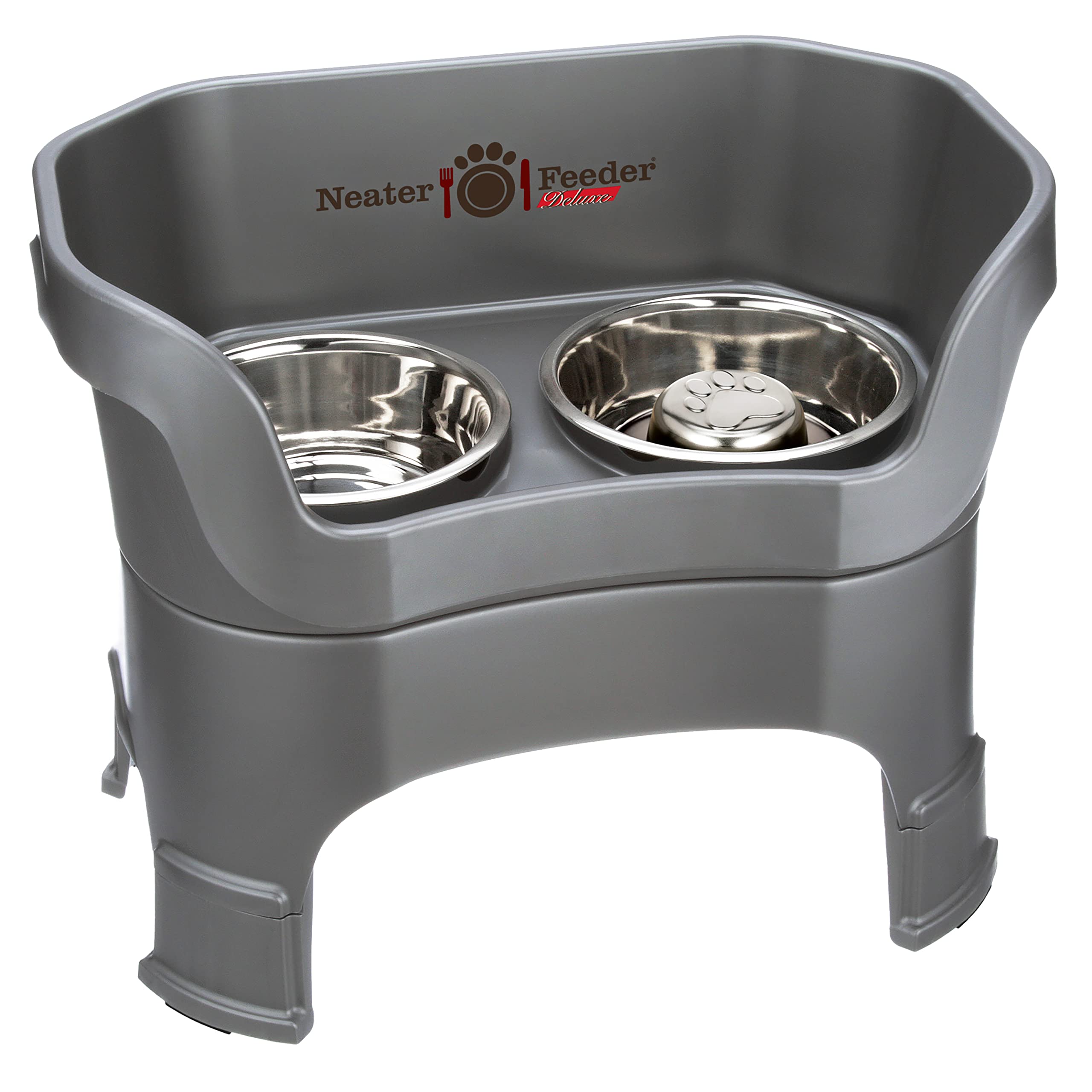 Neater Feeder Deluxe with Leg Extensions (Large + Slow Feed Bowl Combo, Gunmetal)
