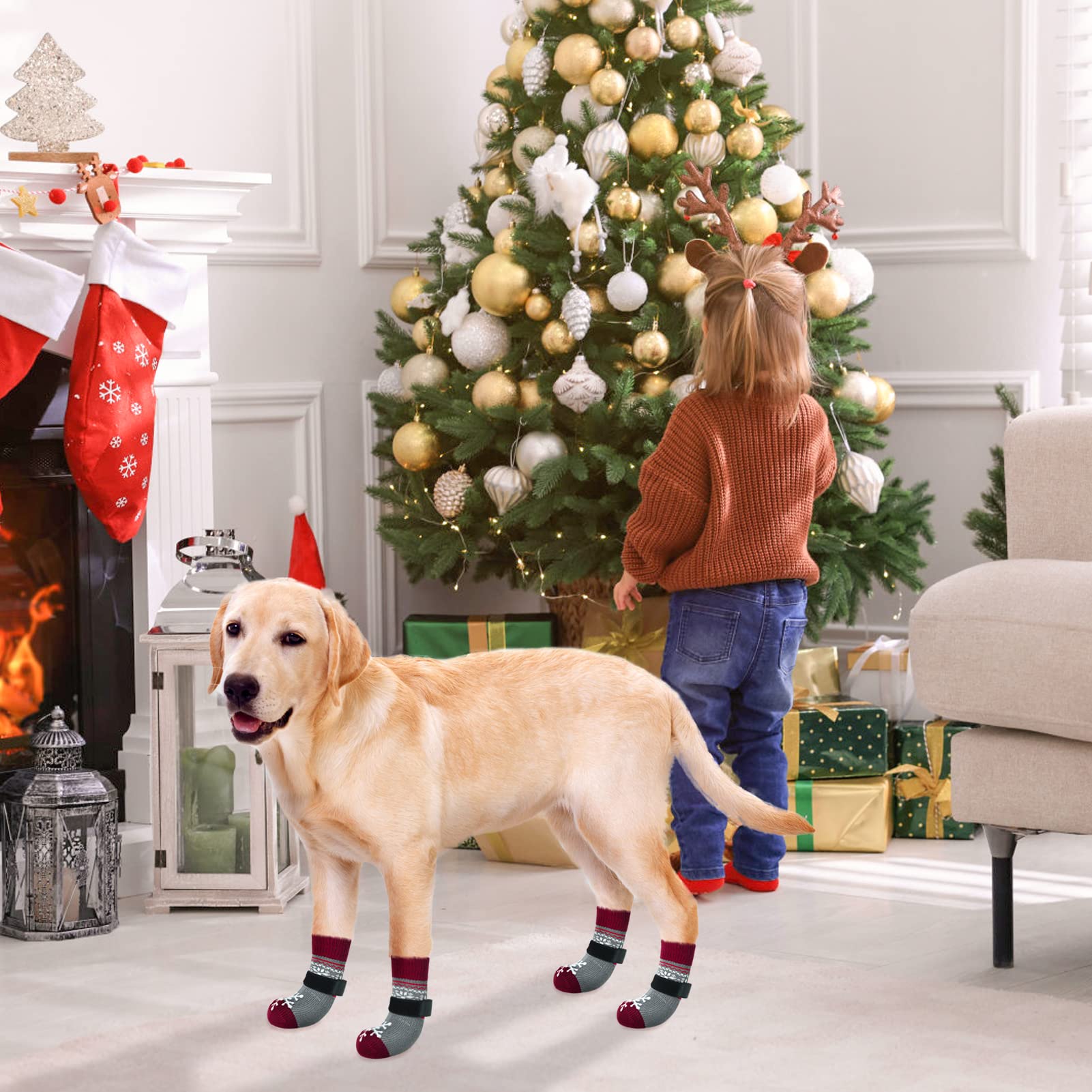 Beautyzoo Christmas Winter Anti-Slip Dog Socks With Grips Traction Control For Small Medium Large Dogs, Non Skid Indoor Double Side Pet Paw Protector For Hardwood Floor Wear, Snowflake L