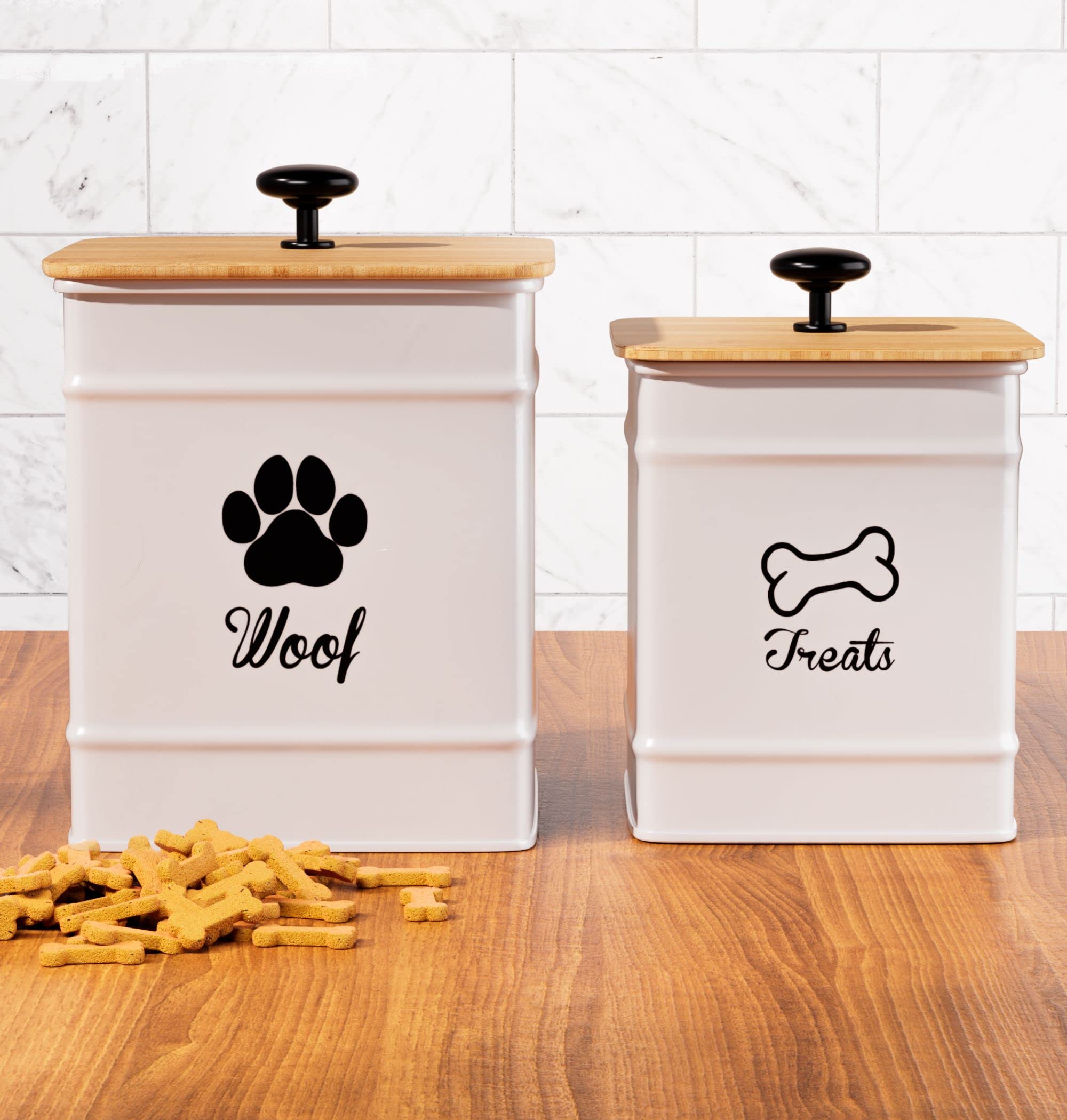 Dog Treat Container Airtight Set of 2 - 8x6 & 7x5 inch Iron Dog Treat Jars for Kitchen Counter with Airtight Bamboo Lids - 20 Cu