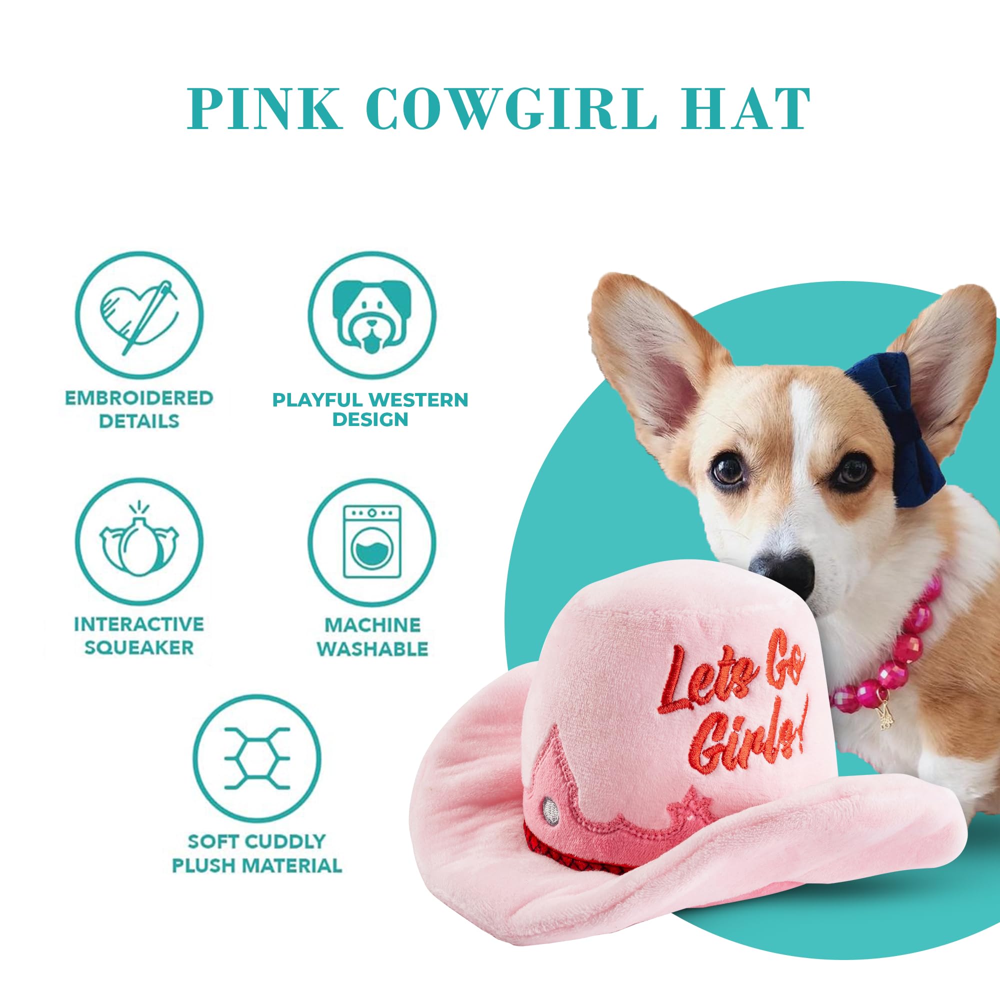Haute Diggity Dog Cowgirl Hat Plush Dog Toy for Medium & Large Dogs, Western-Inspired Stuffed Dog Toys with Interactive Squeaker
