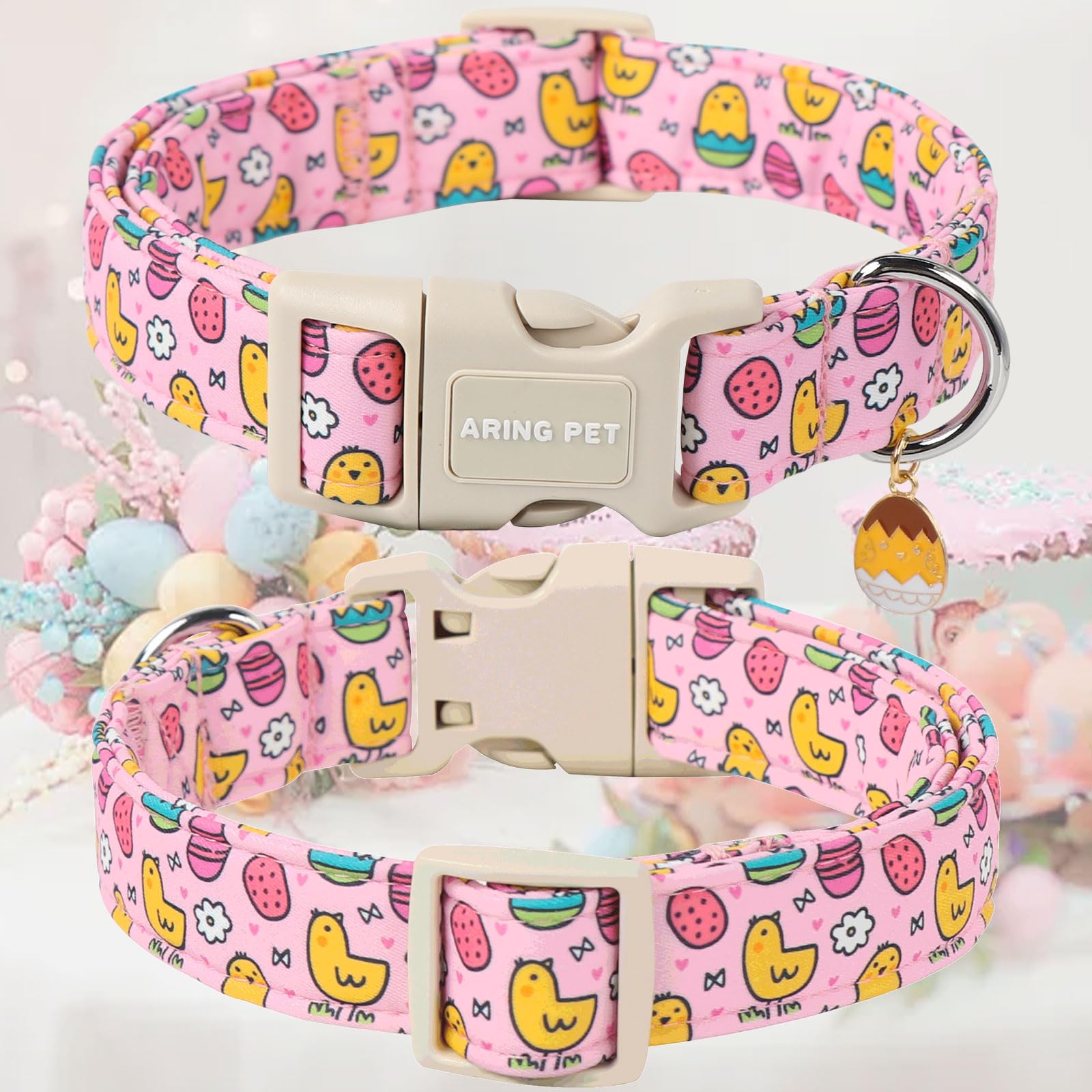 Aring Pet Easter Dog Collar-Cute Easter Eggs Dog Collar, Adjustable Pink Chick Pet Collars Puppy Collar Gifts With Quick Release