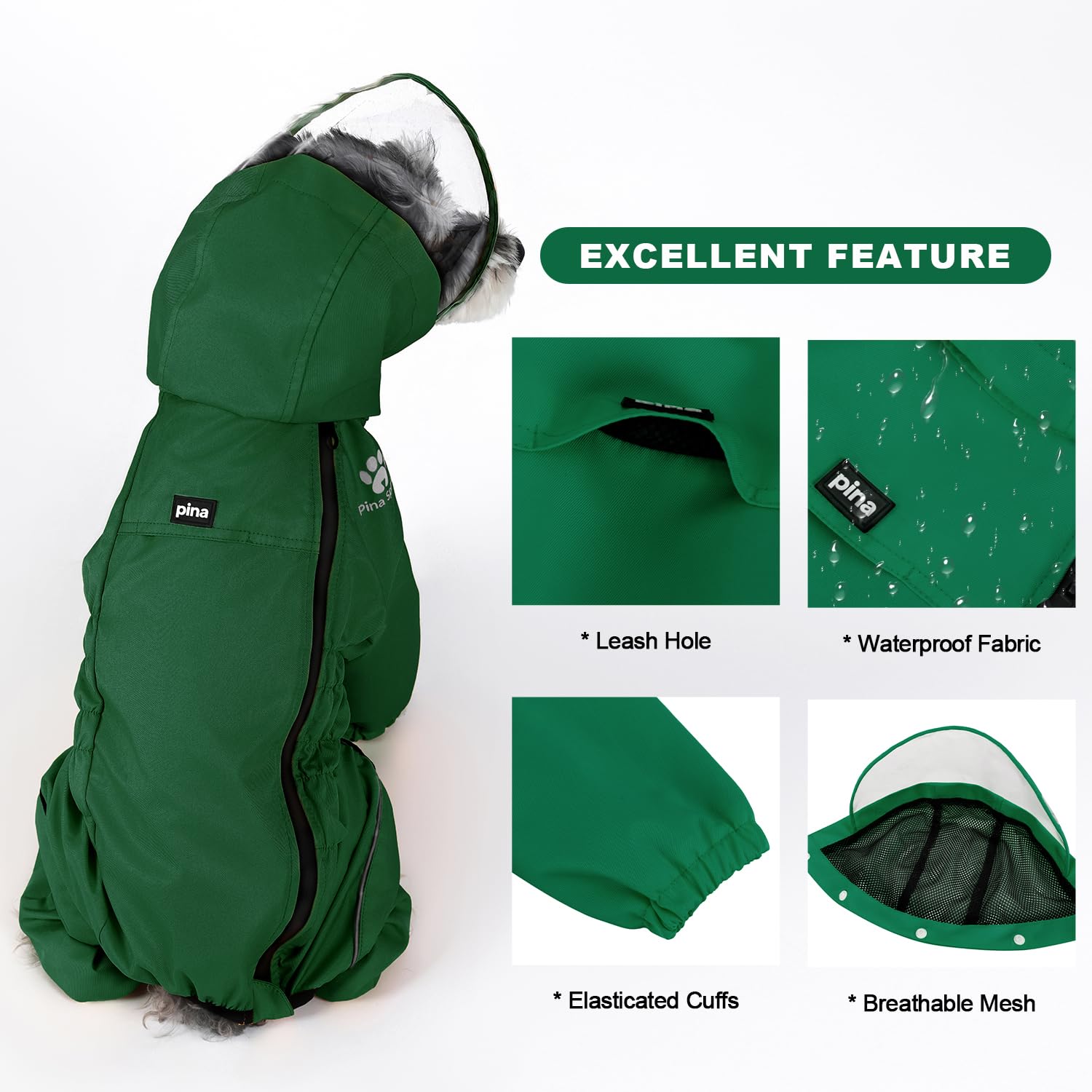 Pina Dog Raincoat & Jacket With Hood & Leash Hole, Lightweight Dog Poncho With Reflective Strap & Pocket For Wet Weather, Full W