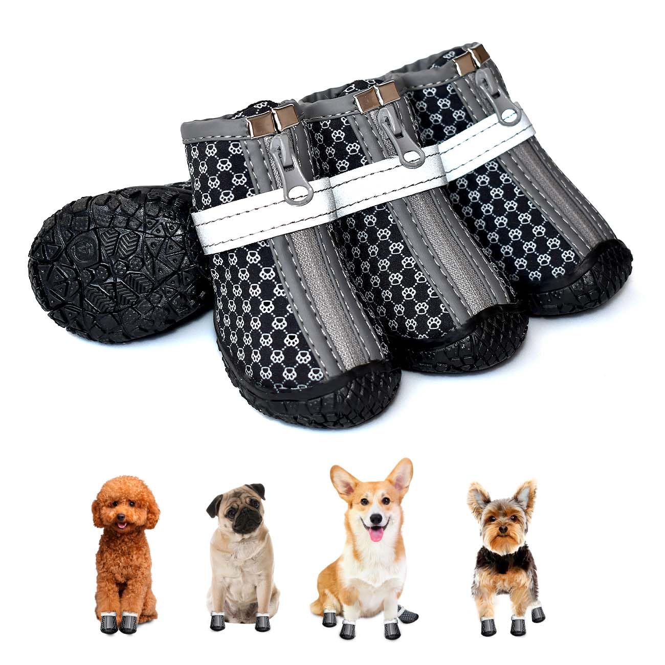 Black Dog Shoes For Small Dogs, Anti-Slip Dog Boots With Reflective Strips, Puppy Paw Protectors For Ourdoor Indoor Walking Wint