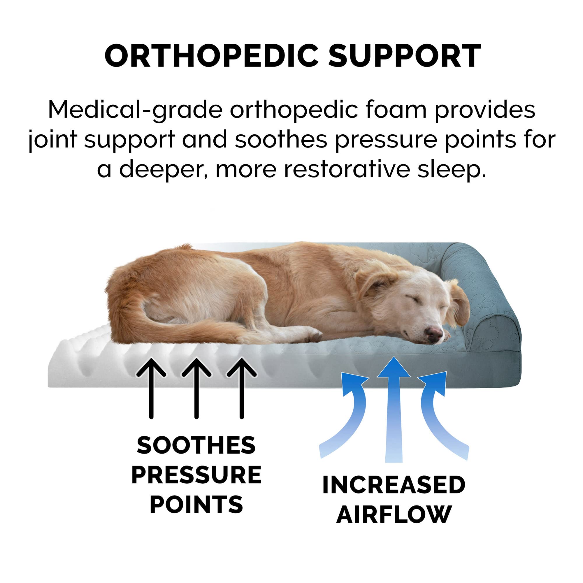 Furhaven Orthopedic Dog Bed For Large Dogs W/ Removable Bolsters & Washable Cover, For Dogs Up To 95 Lbs - Pinsonic Quilted Paw L Shaped Chaise - Bluestone, Jumbo/Xl