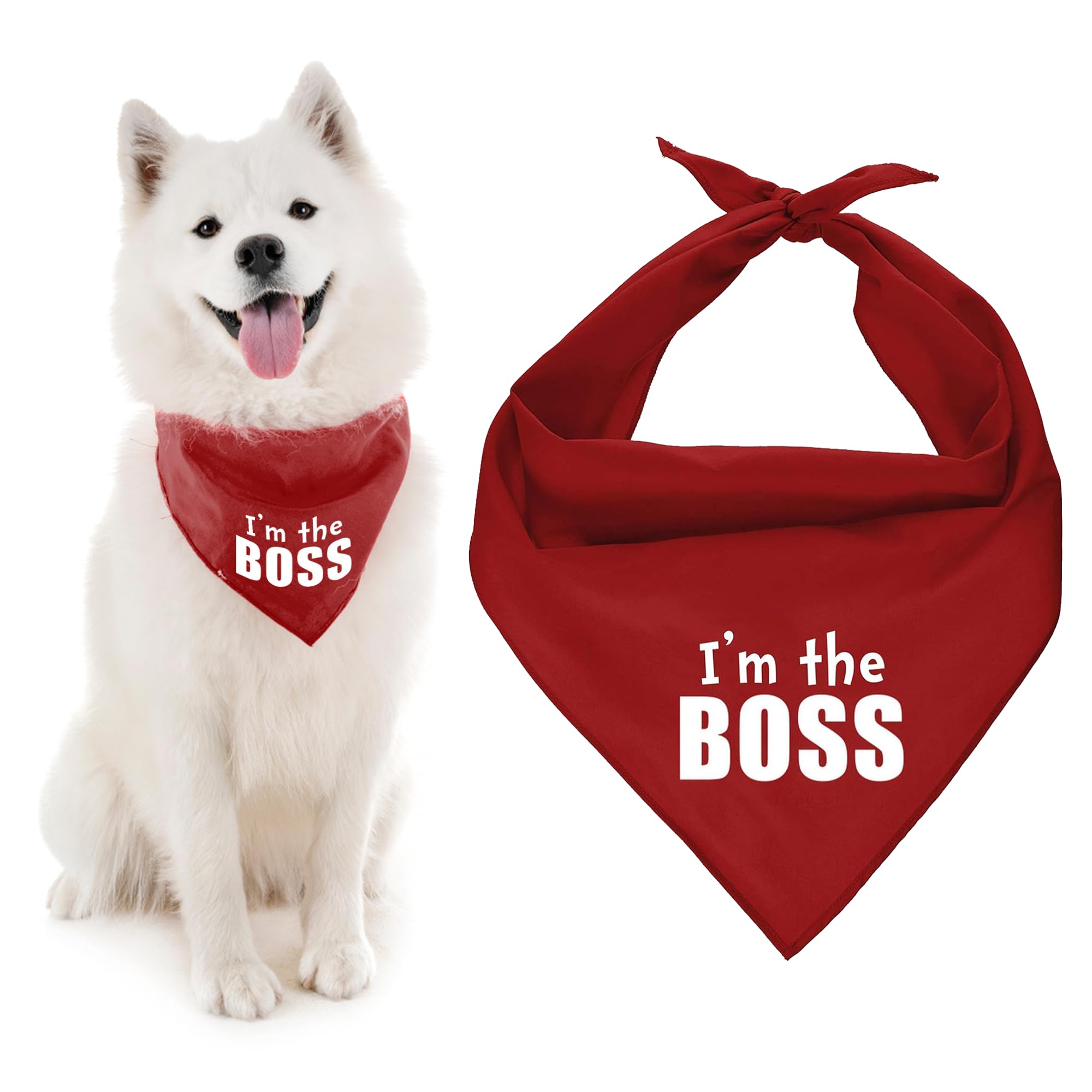 Parisian Pet Unisex Dog Bandanas With Printed ' I'M The Boss' Word - Classy Tie-On Adjustable Boss Dog Bandana - Dog Scarf For Large Dogs - Washable Triangle Dog Bib - Red Handkerchief For Pets - L