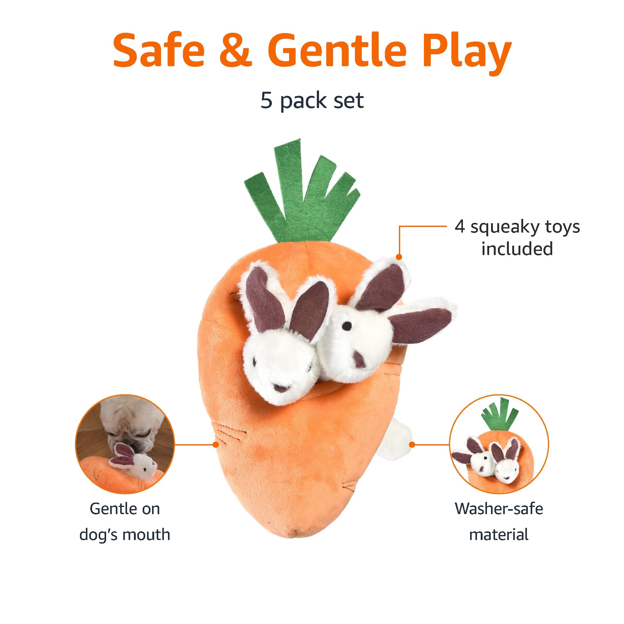Amazon Basics Hide And Seek Squeaky Dog Plush Toy, Rabbit And Carrot, Orange And White, 5 Pack