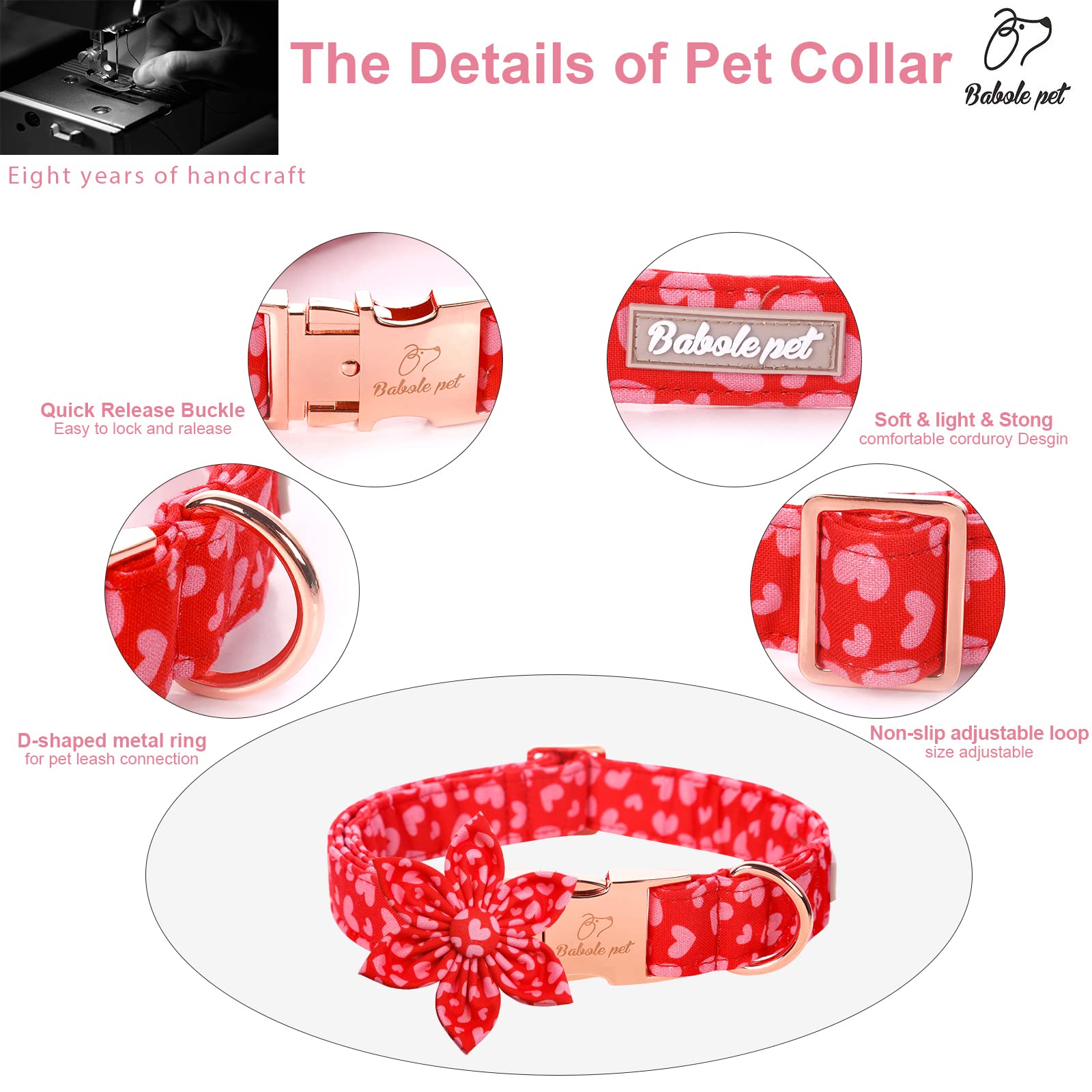 Babole Pet Valentine'S Day Dog Collar With Flower Tie, Pink Red Love Male Dog Collar With Safety Metal Buckle Adjustable Puppy Collars For Small Medium Large Boy & Girl Dog,Xs-Neck 8'-12'