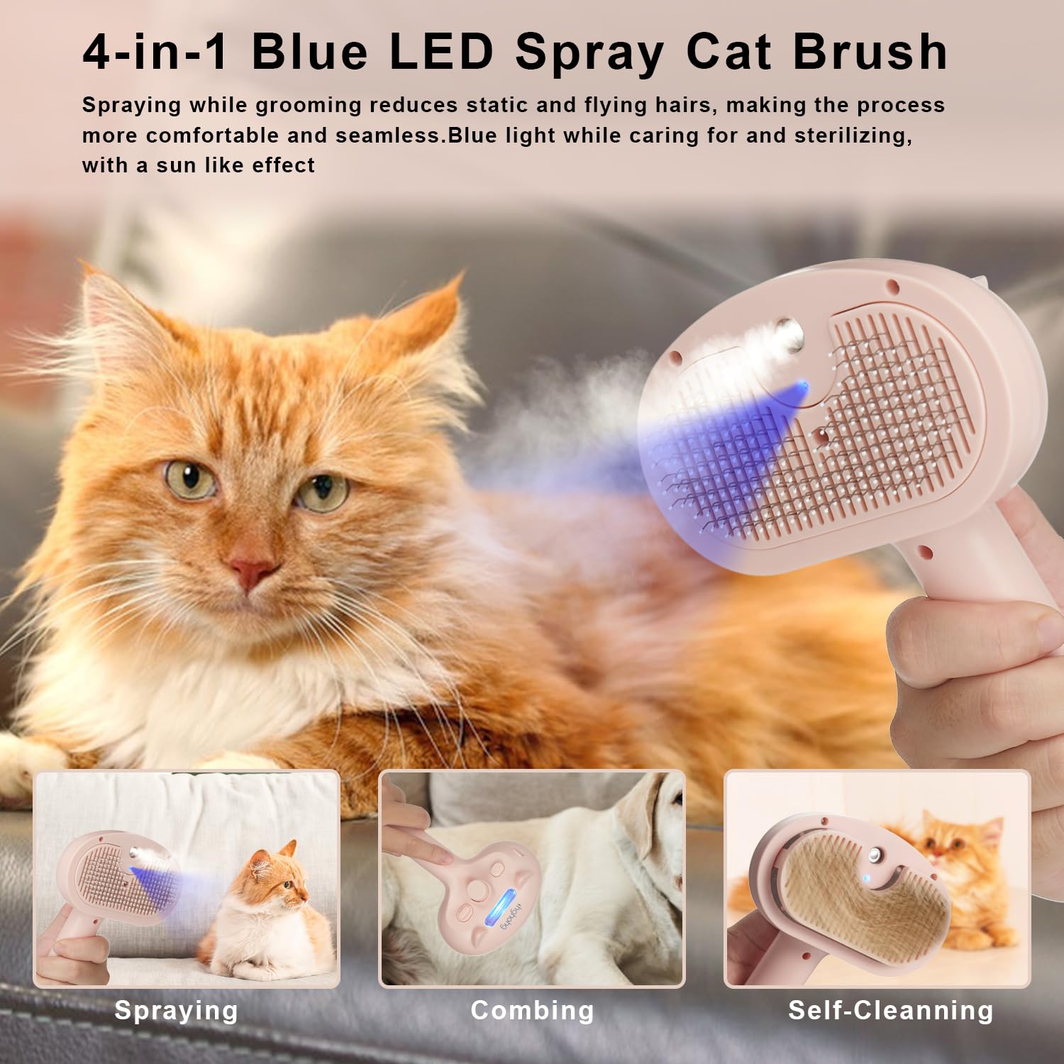 Pet Steam Hair Comb Brush For Shedding, 4 In 1 Spray Brush For Long & Short Haired Cat&Dog, Self-Cleaning Hair Remover With Wate