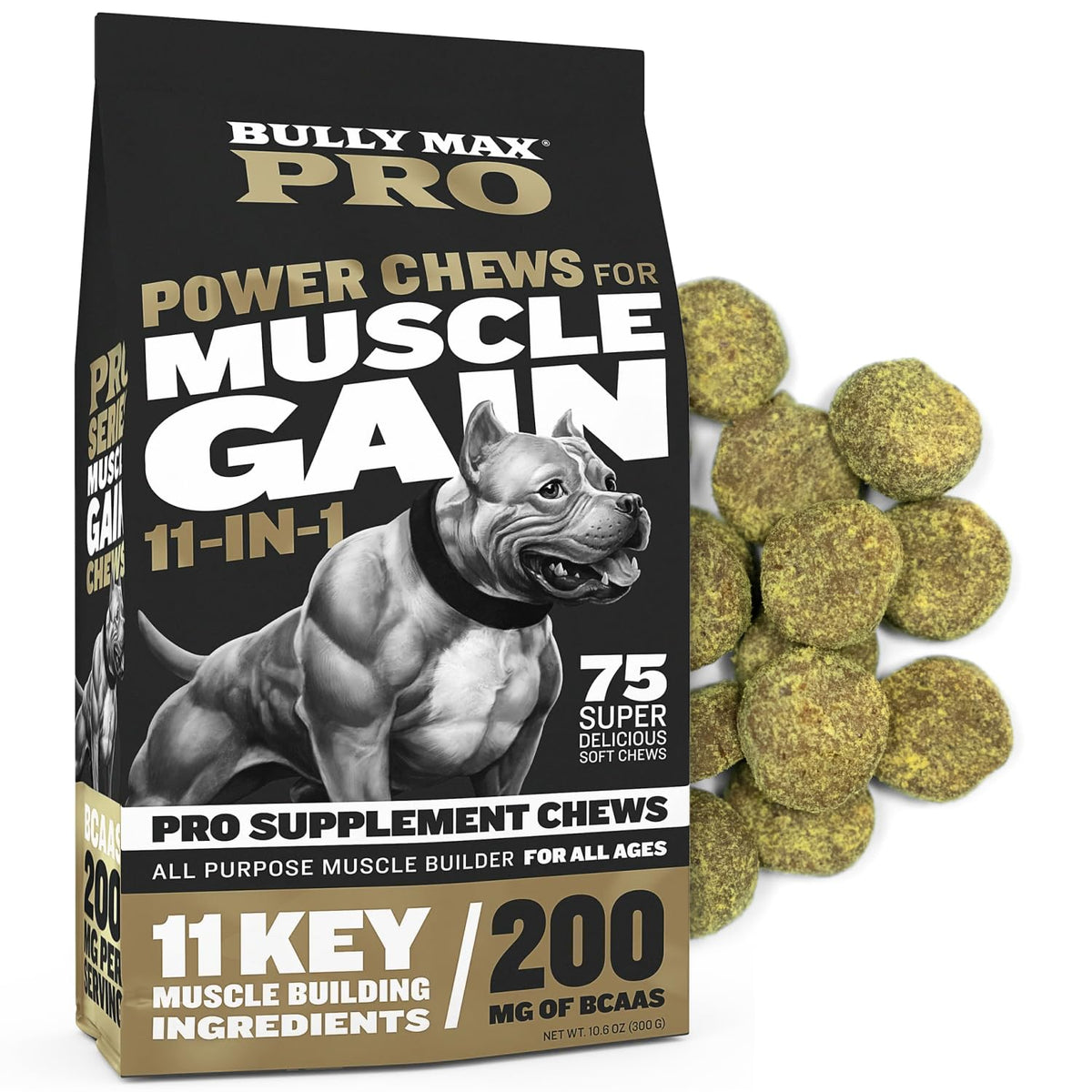 Bully Max 11-In-1 Muscle Gain Power Chews - High Protein Dog Supplement With Amino Acids - Healthy Treats For Puppy & Adult Dogs - Premium Muscle Builder For All Breeds - 75 Tasty Soft Dog Chews