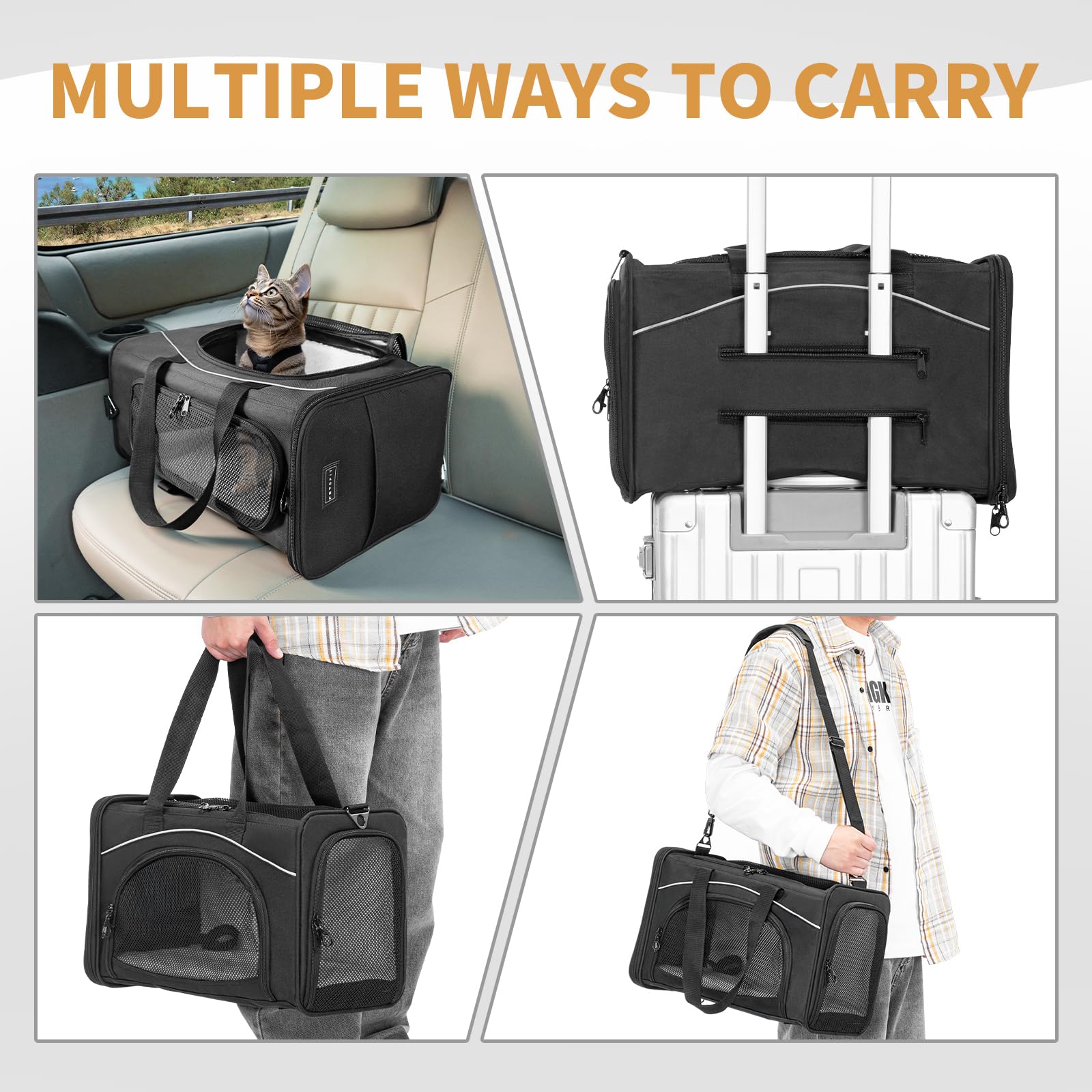 Petsfit Airline Approved Pet Carrier for Small Cats, 16.5x8.6x11, Escape Proof, Black with Lockable Zippers, TSA Compliant