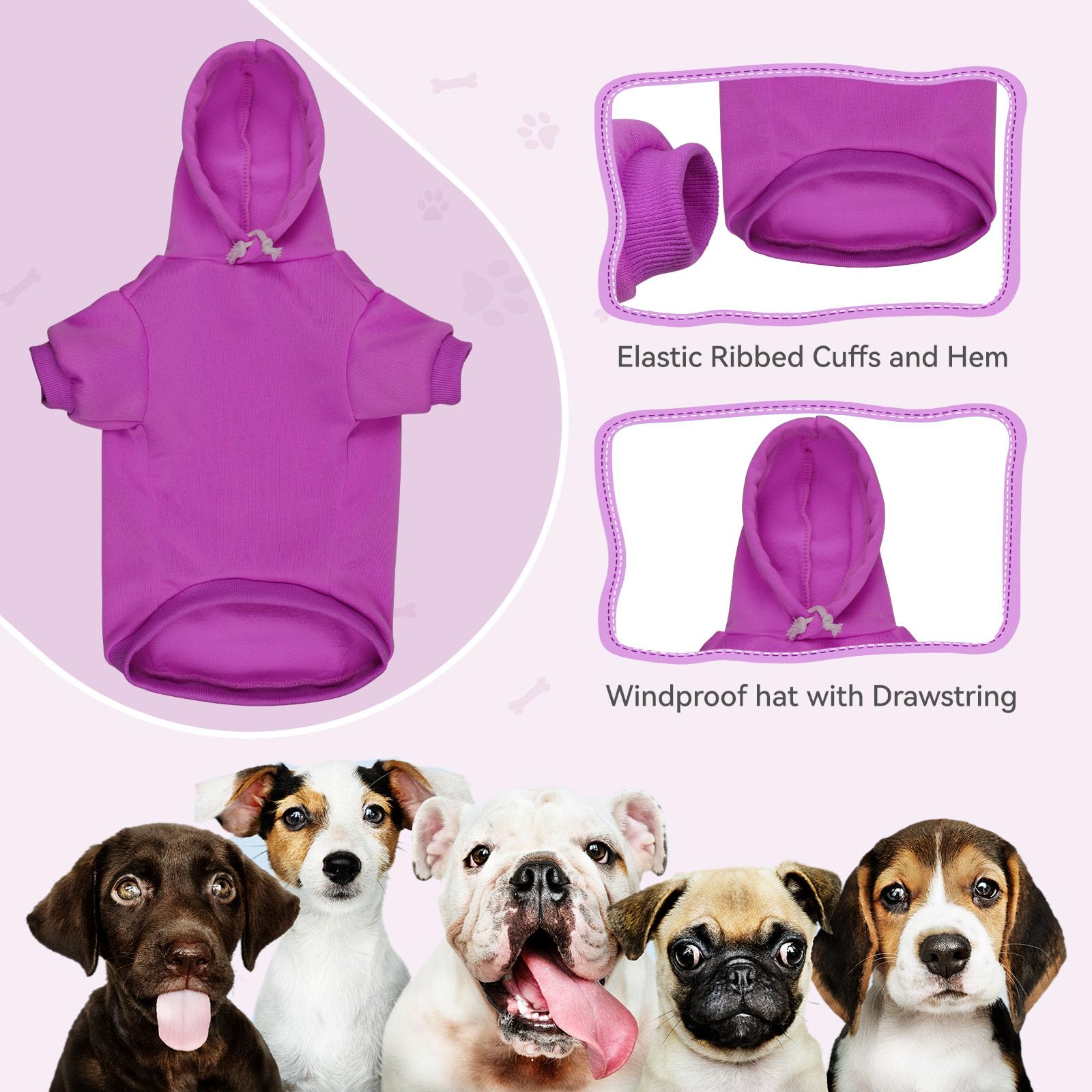 Purple Dog Hoodie Sweatshirt with Pocket - Solid Soft Brushed Fleece Dog Clothes for Small Dogs