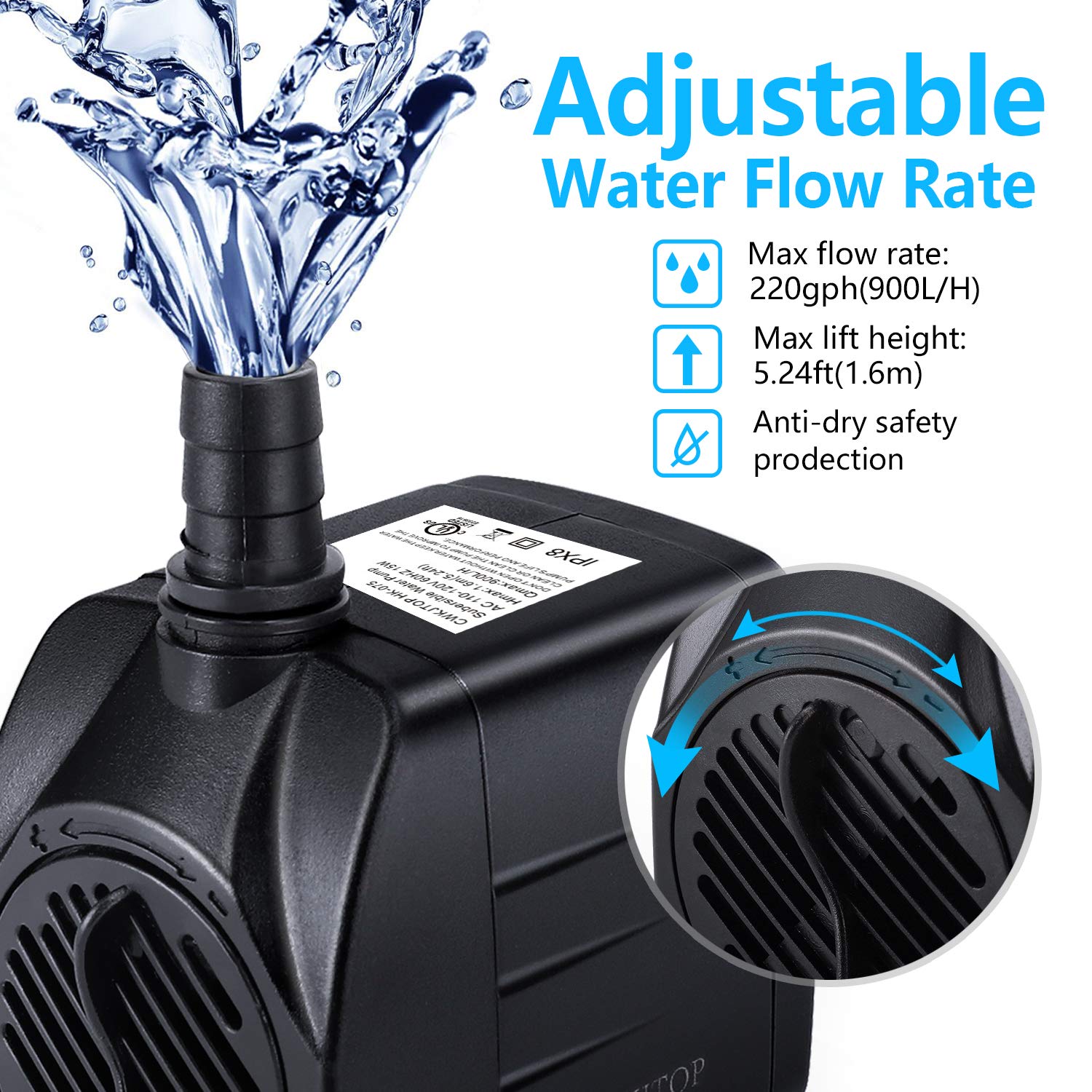 Cwkj Fountain Pump, 220Gph(15W 900L/H) Submersible Water Pump, Durable Outdoor Fountain Water Pump With 7.2Ft（2.2M） Power Cord, 3 Nozzles For Aquarium, Pond, Fish Tank, Water Pump Hydroponics
