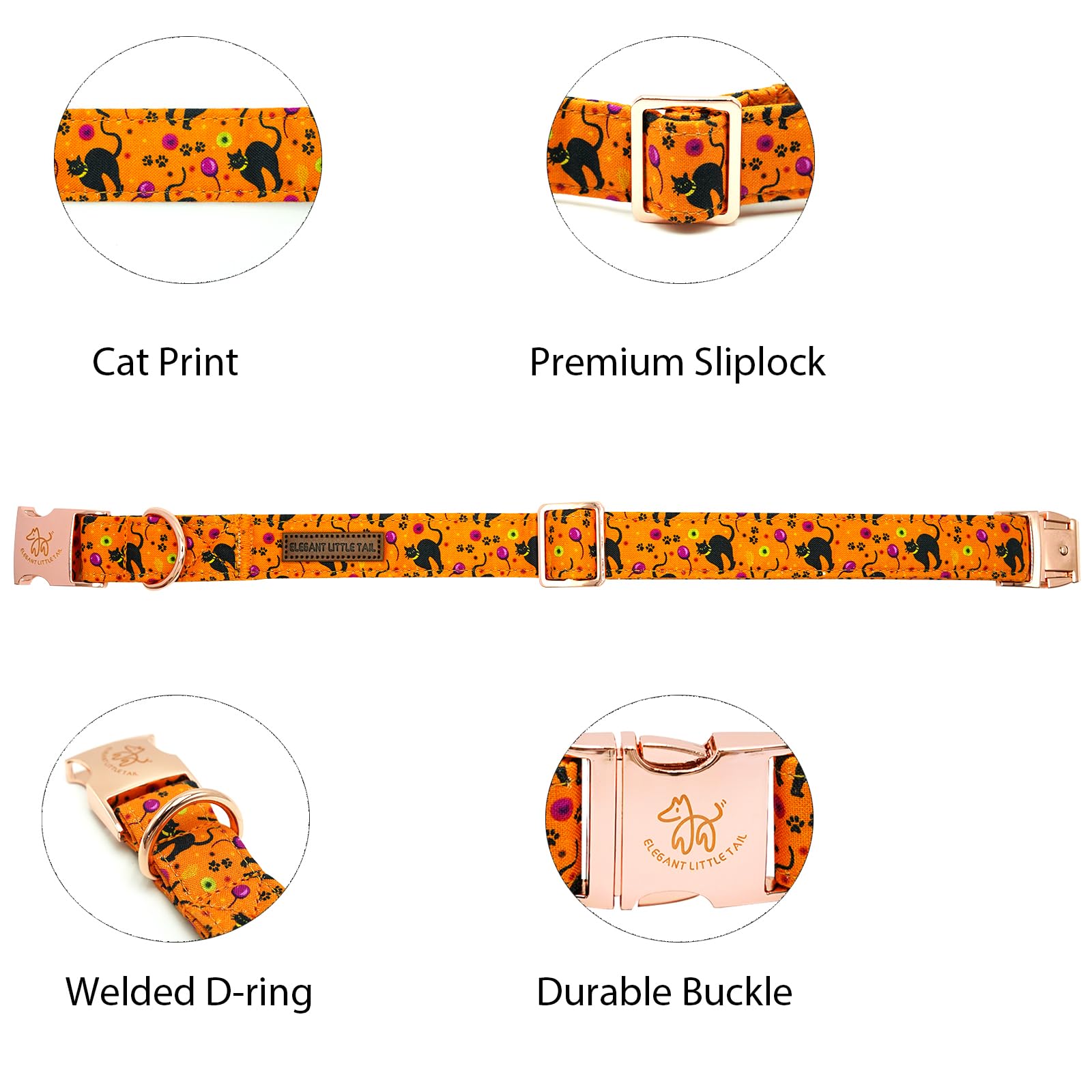 Elegant Little Tail Halloween Cat Print Cotton Dog Collar - Adjustable, Metal Buckle, X-Small Puppy