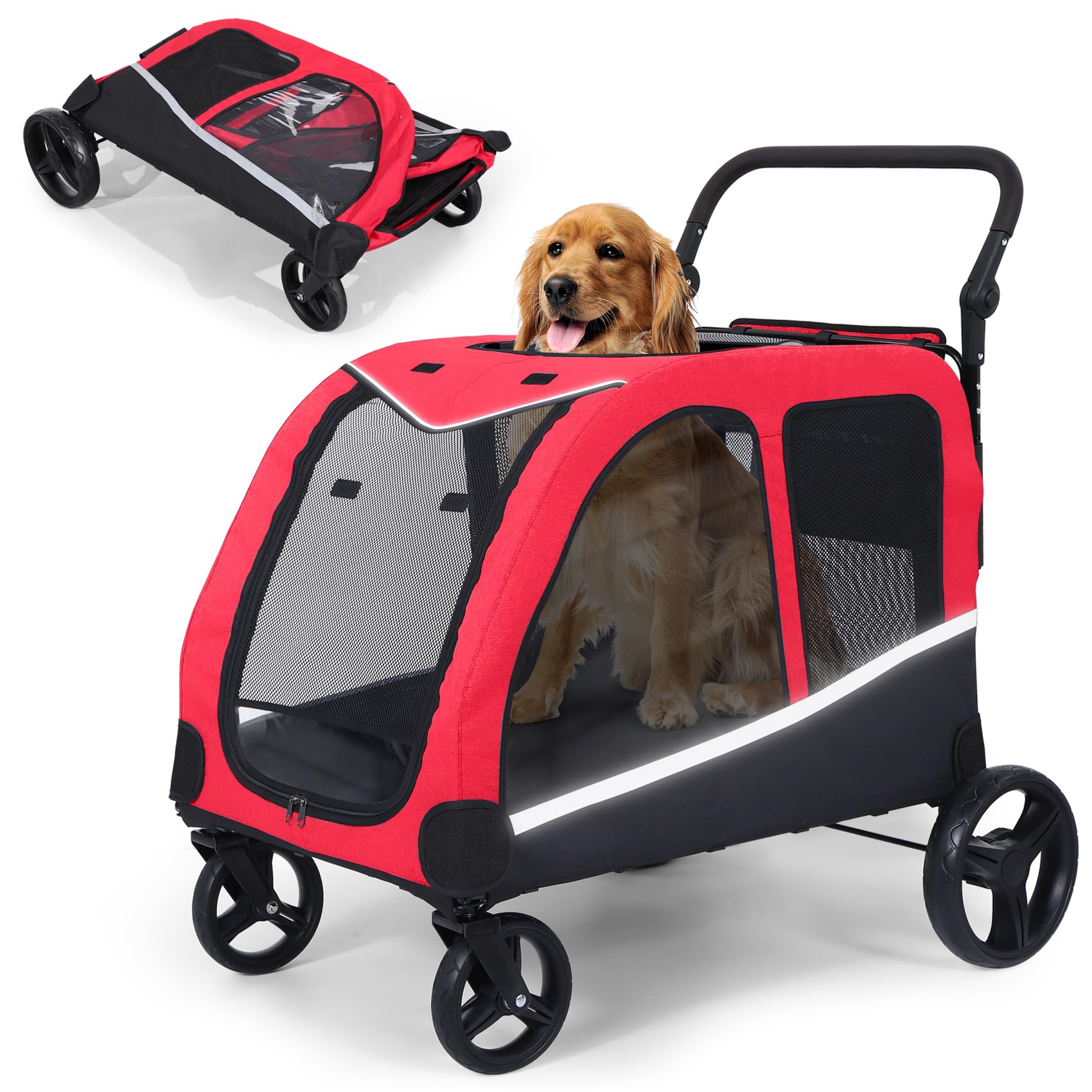 Saudism Stroller For Large Dogs, Extra Large Pet Stroller For Medium 2 Dogs, Dog Wagon, Dog Carriage, Foldable Design, Adjustabl