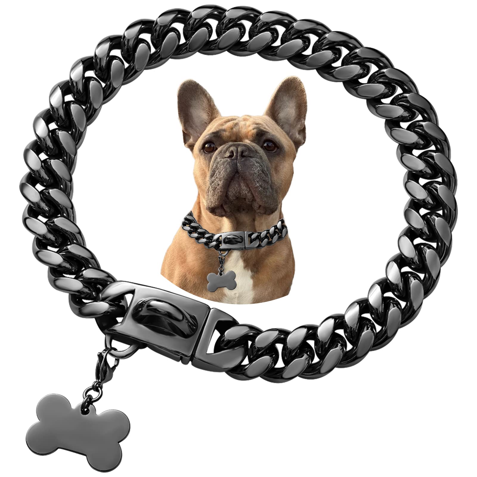 Stainless Steel Dog Collar, Cool Charm Bulldog Jewelry Necklace, Waterproof Rose Gold Black Silver Heavy Duty Curb Cuban Dog Col