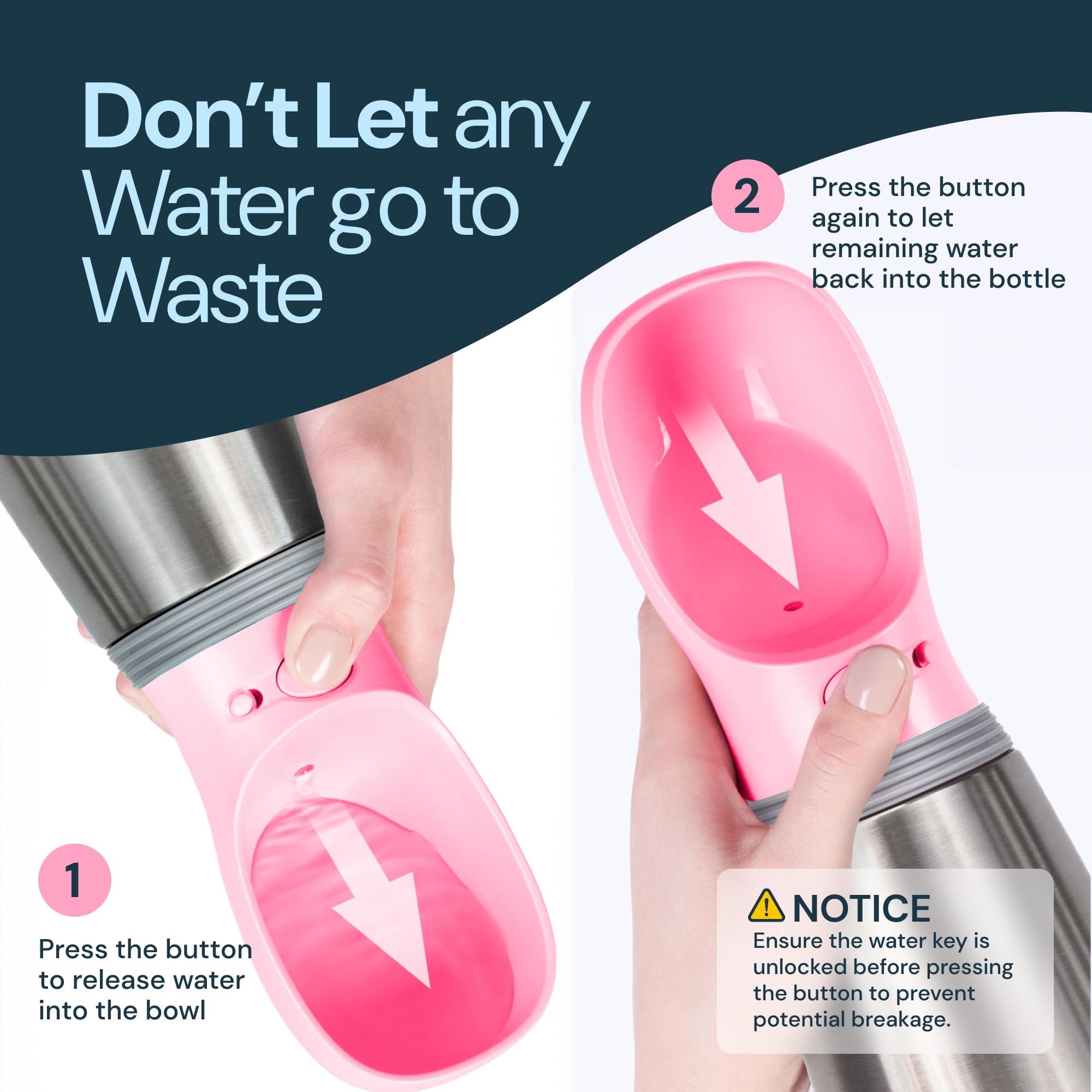 MalsiPree 24oz Stainless Steel Dog Water Bottle - Leak-Proof, Portable with Pink Bowl for Puppy & Dog Travel