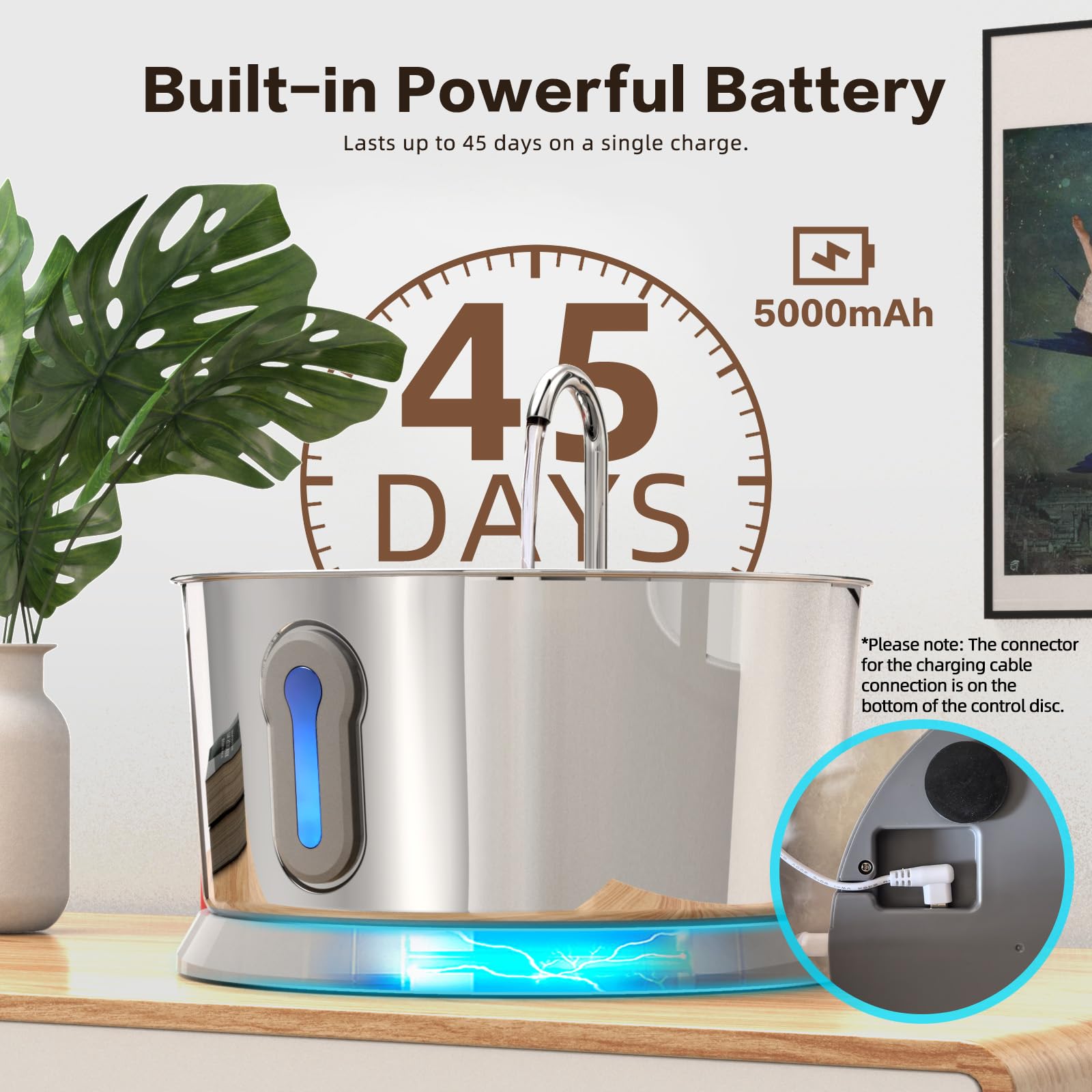 Battery Operated Cat Water Fountain Wireless, 4L/135Oz Stainless Steel Pet Fountain For Drinking Dog Water Dispenser Cordless Wi