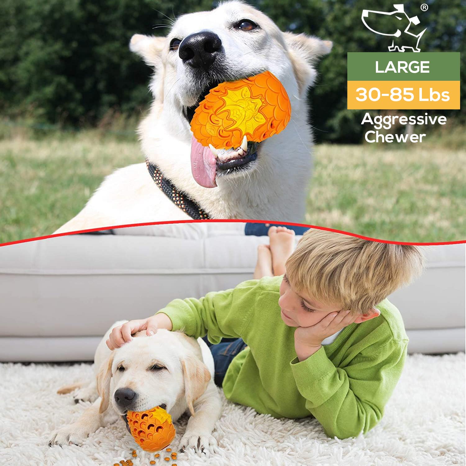 M.C.works Dragon Egg Dog Chew Toy, Indestructible Natural Rubber, Large Size, Orange for Aggressive Chewers, 5.5'' OR