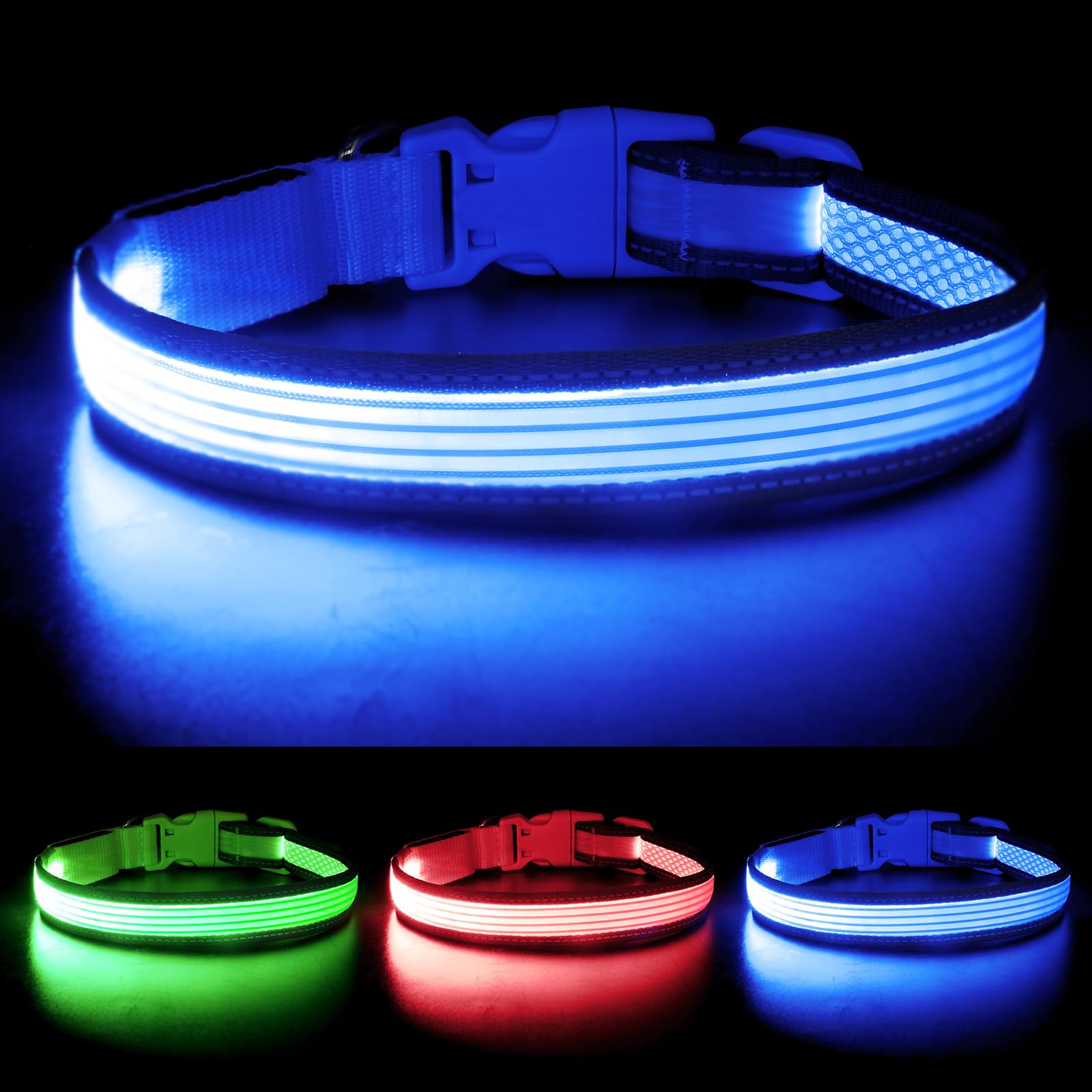 Yfbrite Full Adjustbale Led Dog Collar, Full Illuminated Light Up Dog Collars, Reflective Dog Collar Light Glowing In The Dark For All Dogs Safety (Medium, Blue-2)
