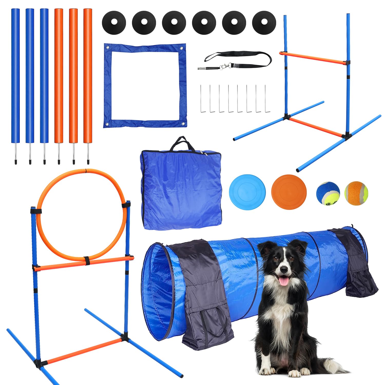 Dog Agility Training Equipment Set Outdoor Indoor Game, Tire Jump + Hurdle Jump, Tunnel, Weave Poles, Pause Box, 2 Toy Balls, 2 