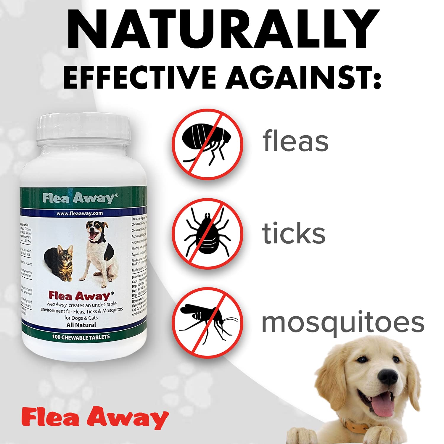 Flea Away All Natural Supplement for Fleas, Ticks, and Mosquitos Prevention for Dogs and Cats, 100 Chewable Treat Tablets, Singl