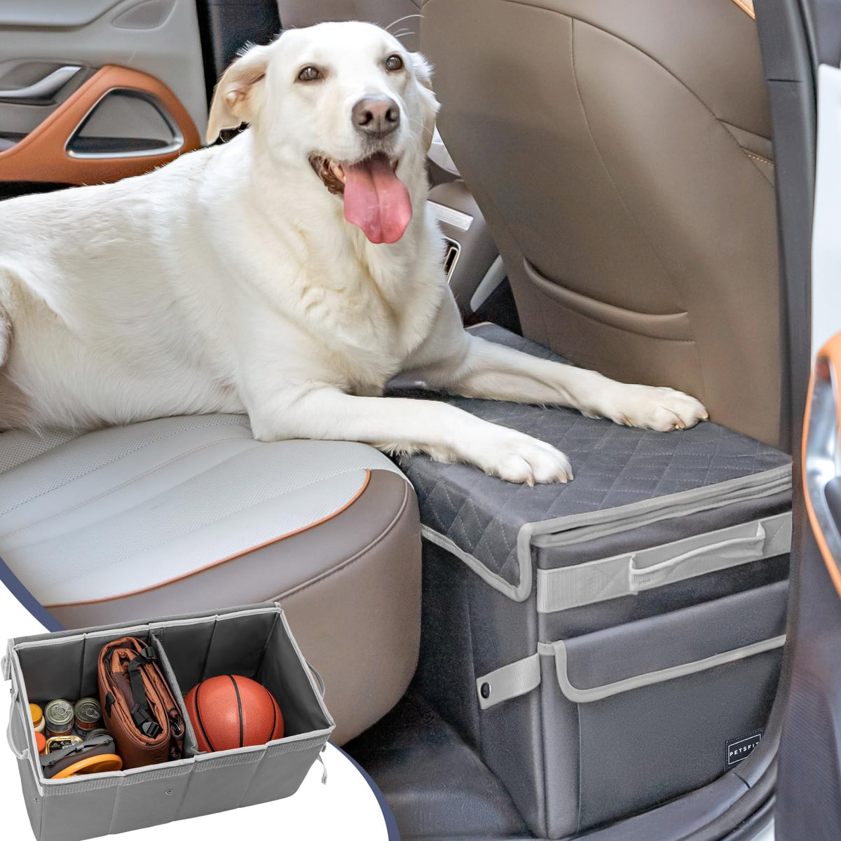 Petsfit Seat Extender For Dogs, Dog Car Seat Extender For Front And Back Seat, Collapsible Car Organizer Trunk For Dogs Up To 90 Lbs (Grey)