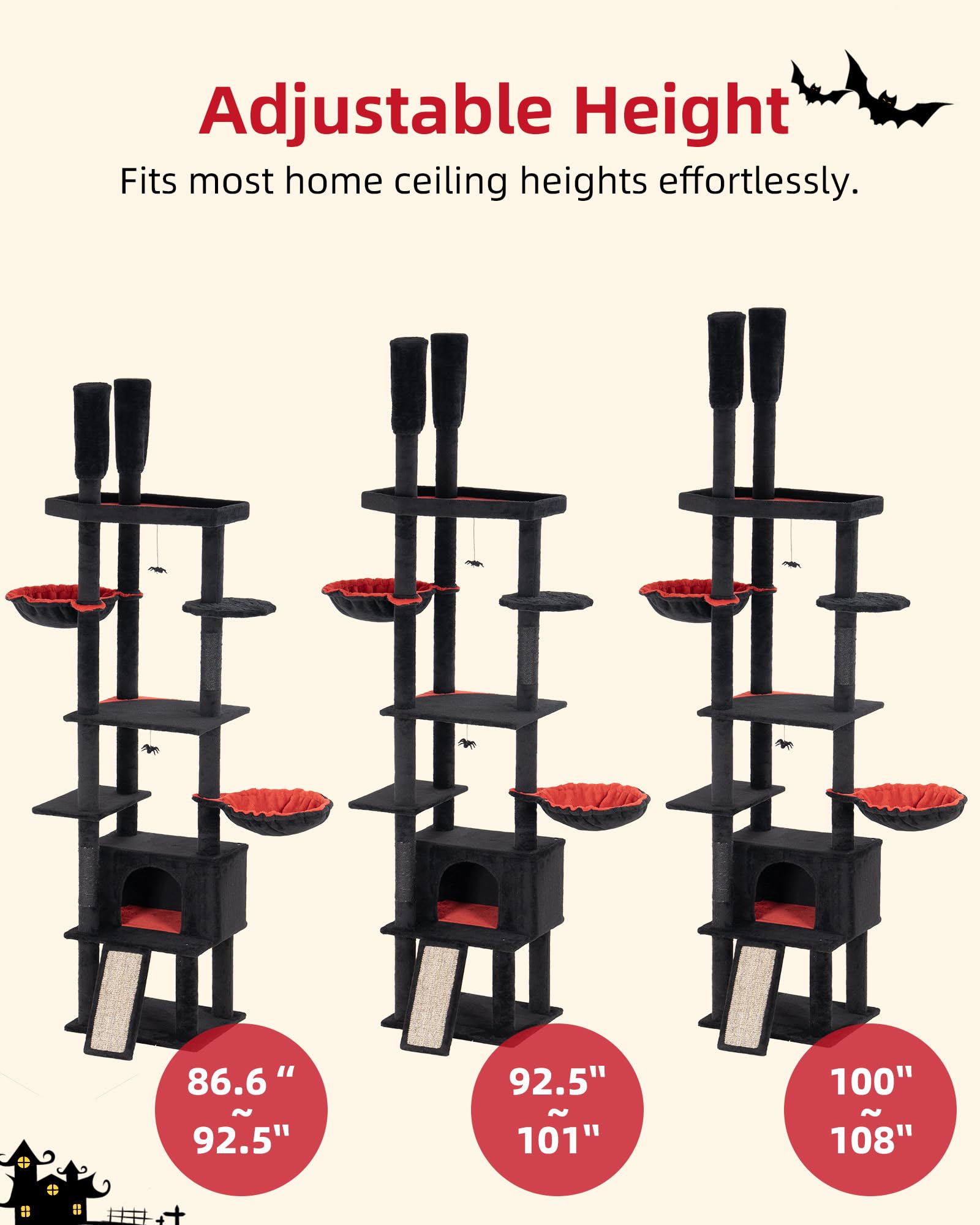 Aechonow Large Cat Tree Floor to Ceiling for Adult Cats, 86in-108in Heavy Duty Cat Tower, 18.9in Perch Bed Condo for Indoor Cat